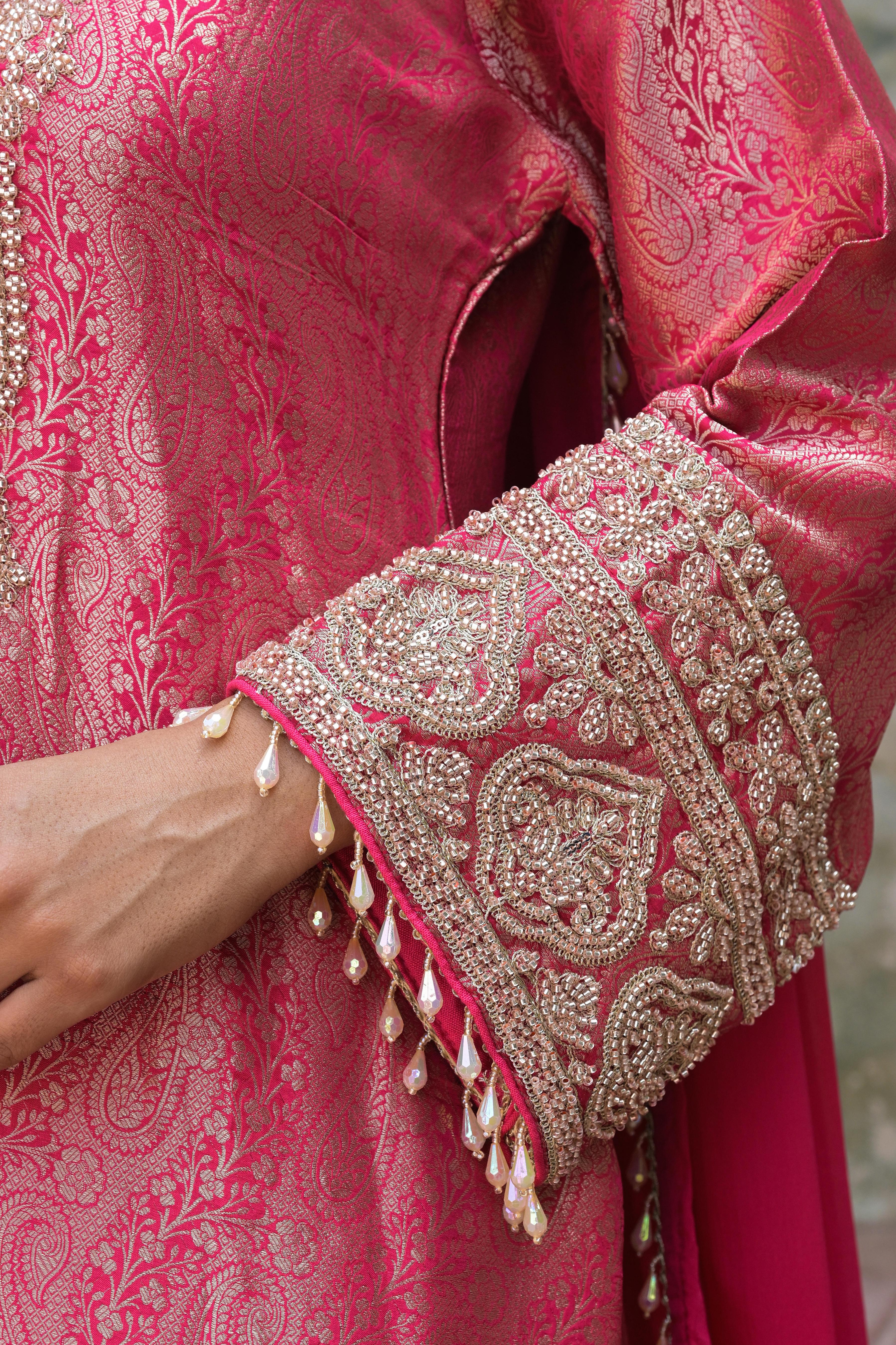 Watermelon Pink Embellished Banarasi Silk Palazzo Set