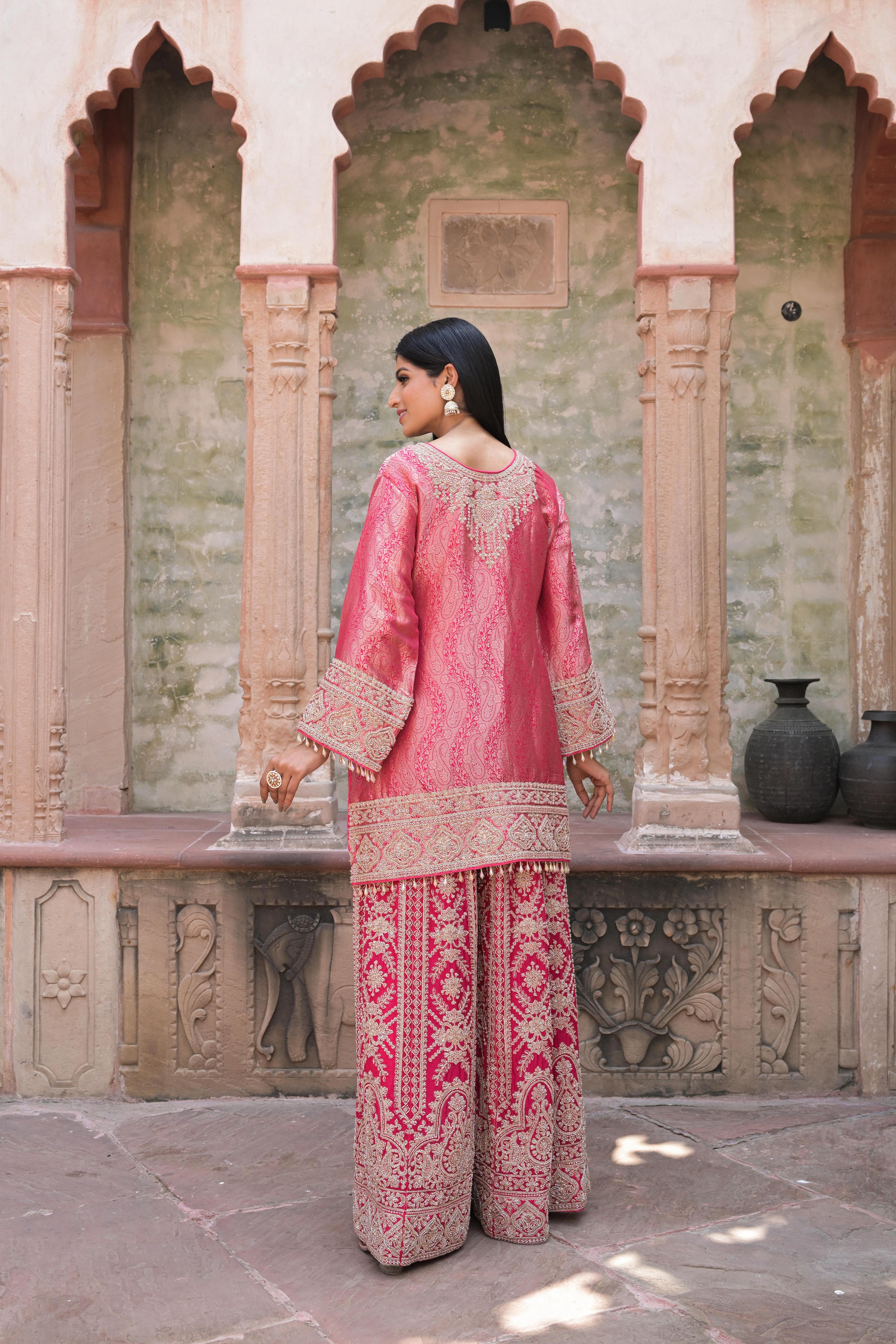 Watermelon Pink Embellished Banarasi Silk Palazzo Set