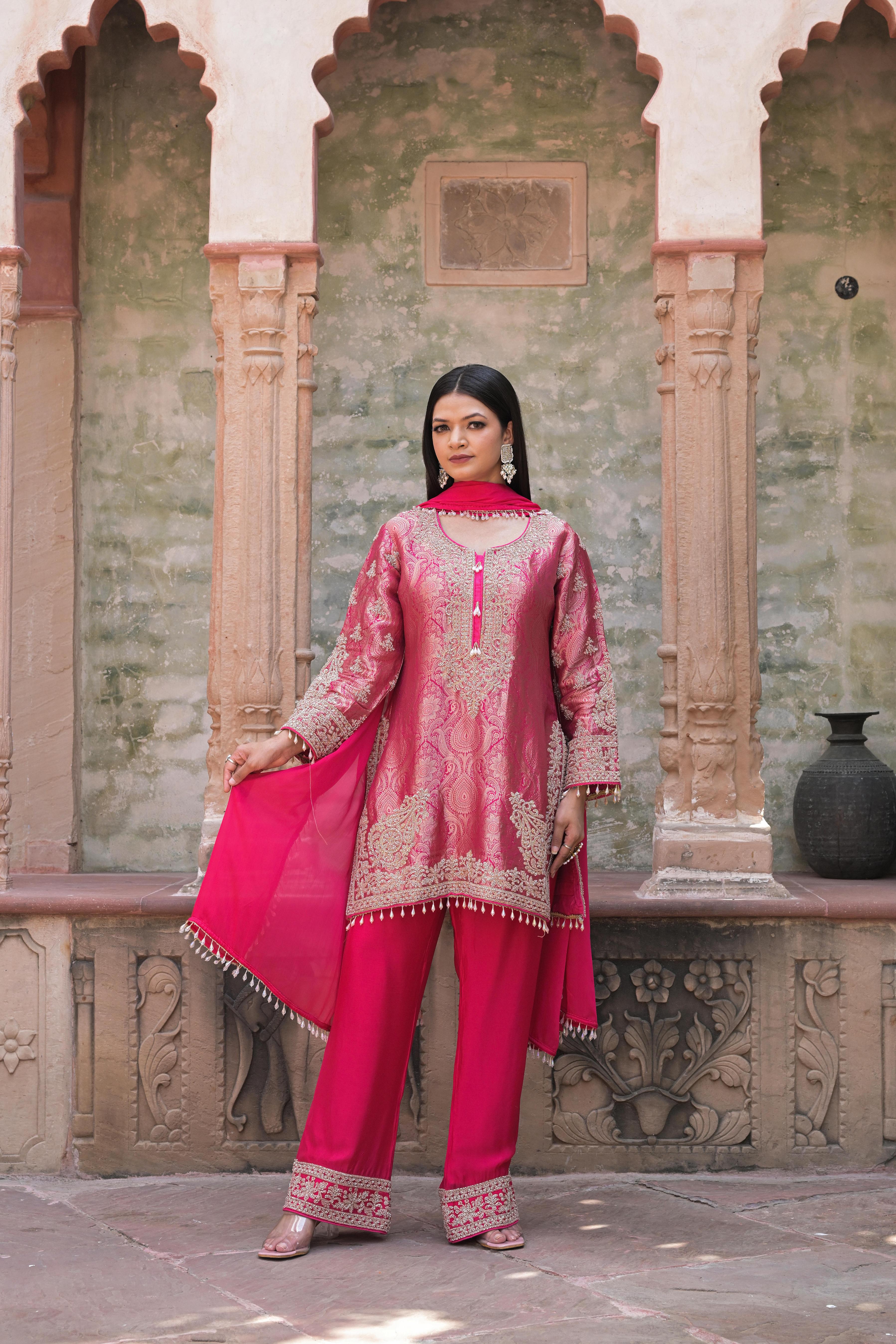 Bright Pink Embellished Banarasi Silk Pant Set