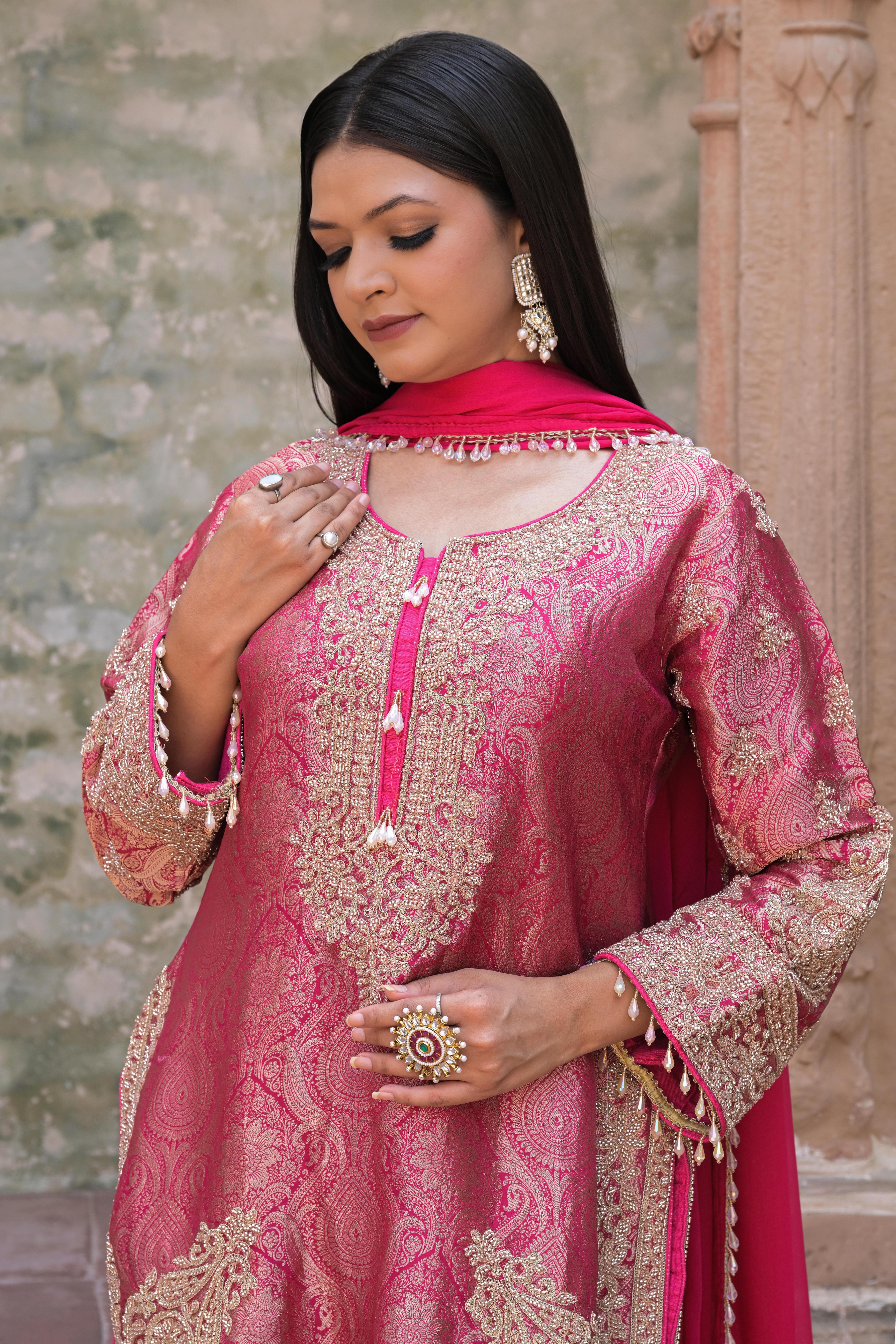 Bright Pink Embellished Banarasi Silk Pant Set