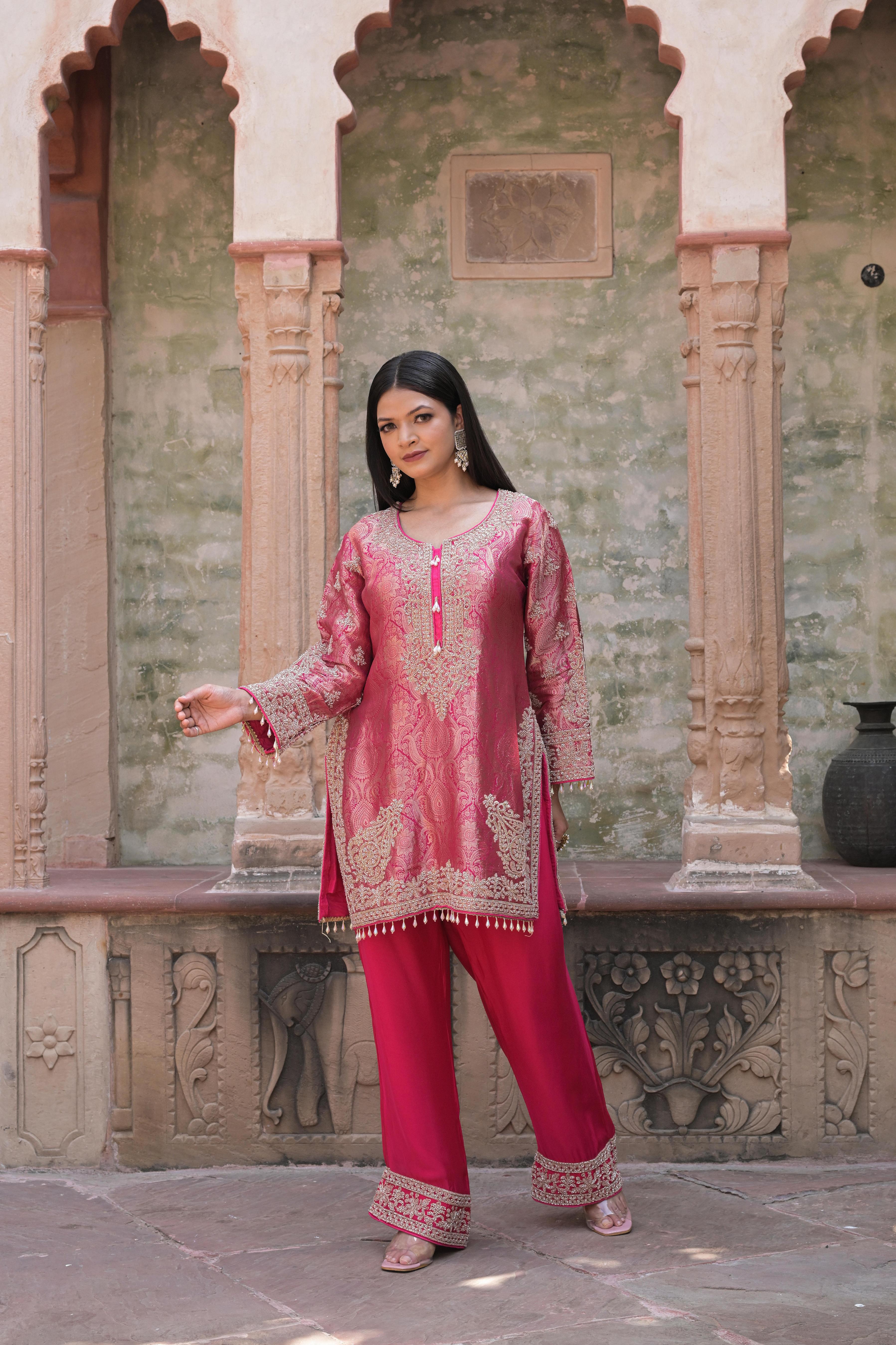 Bright Pink Embellished Banarasi Silk Pant Set