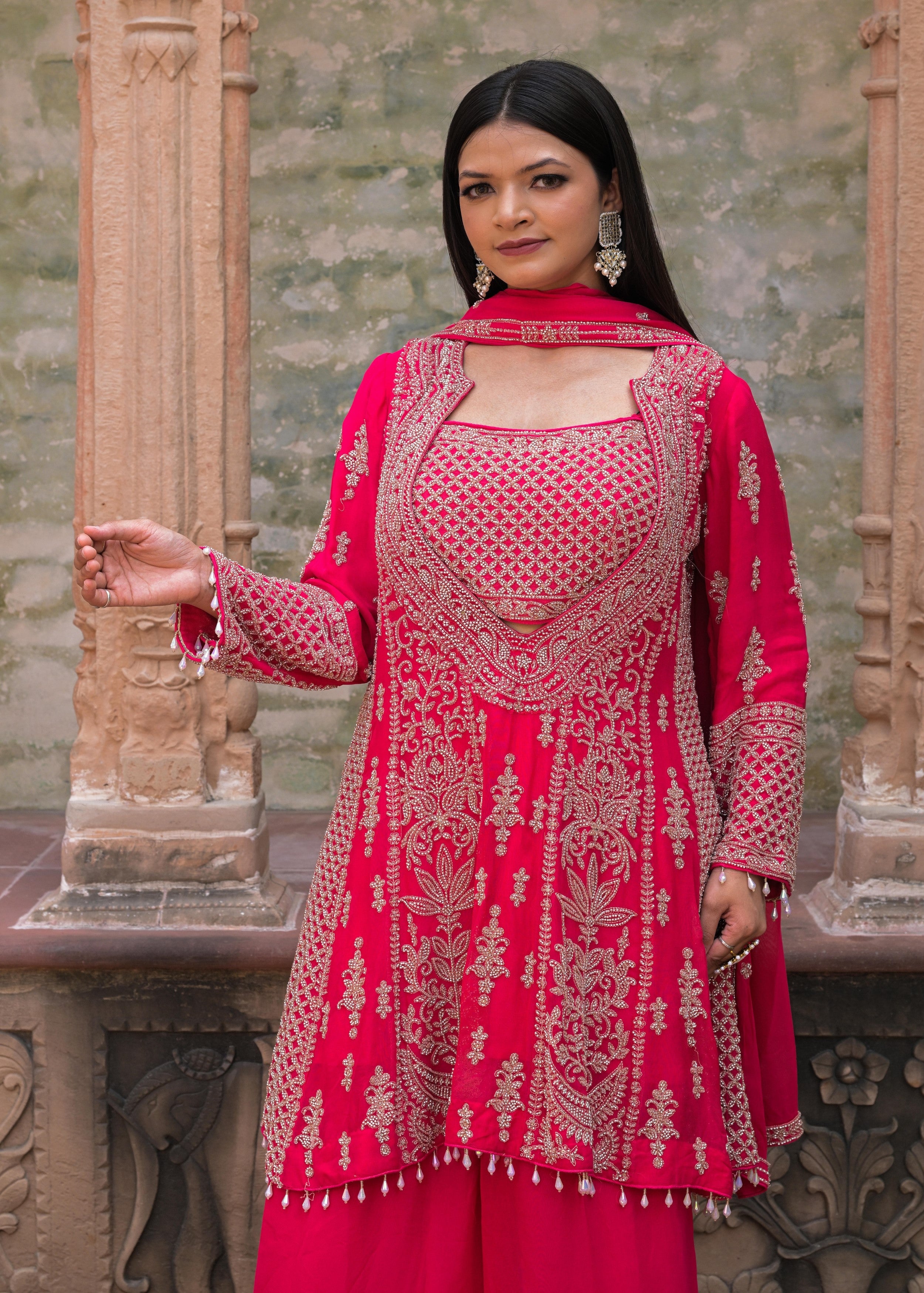 Vibrant Pink Embellished Georgette Silk Palazzo Set