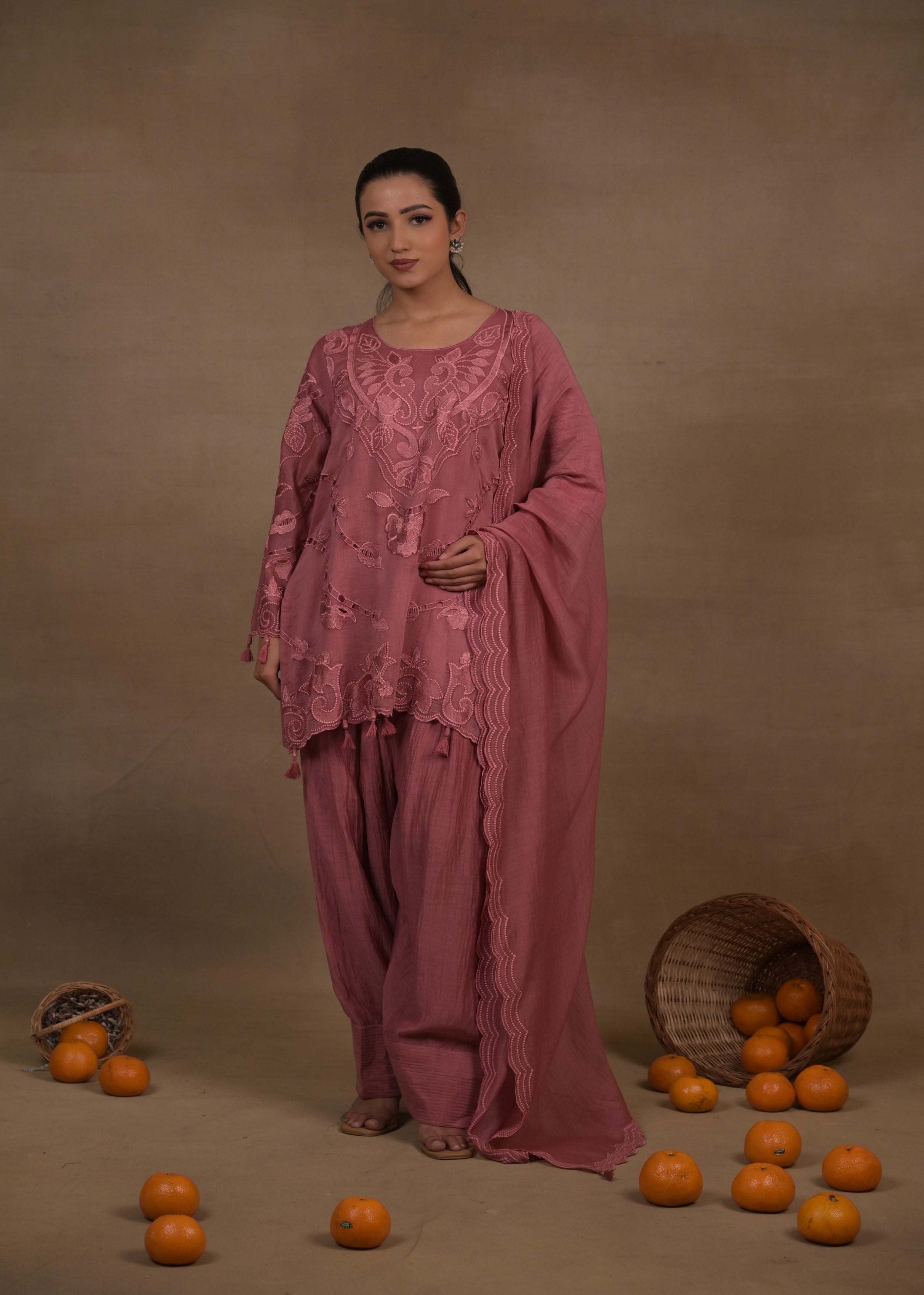Rose Blossom Embroidered Mul Silk Pant Set