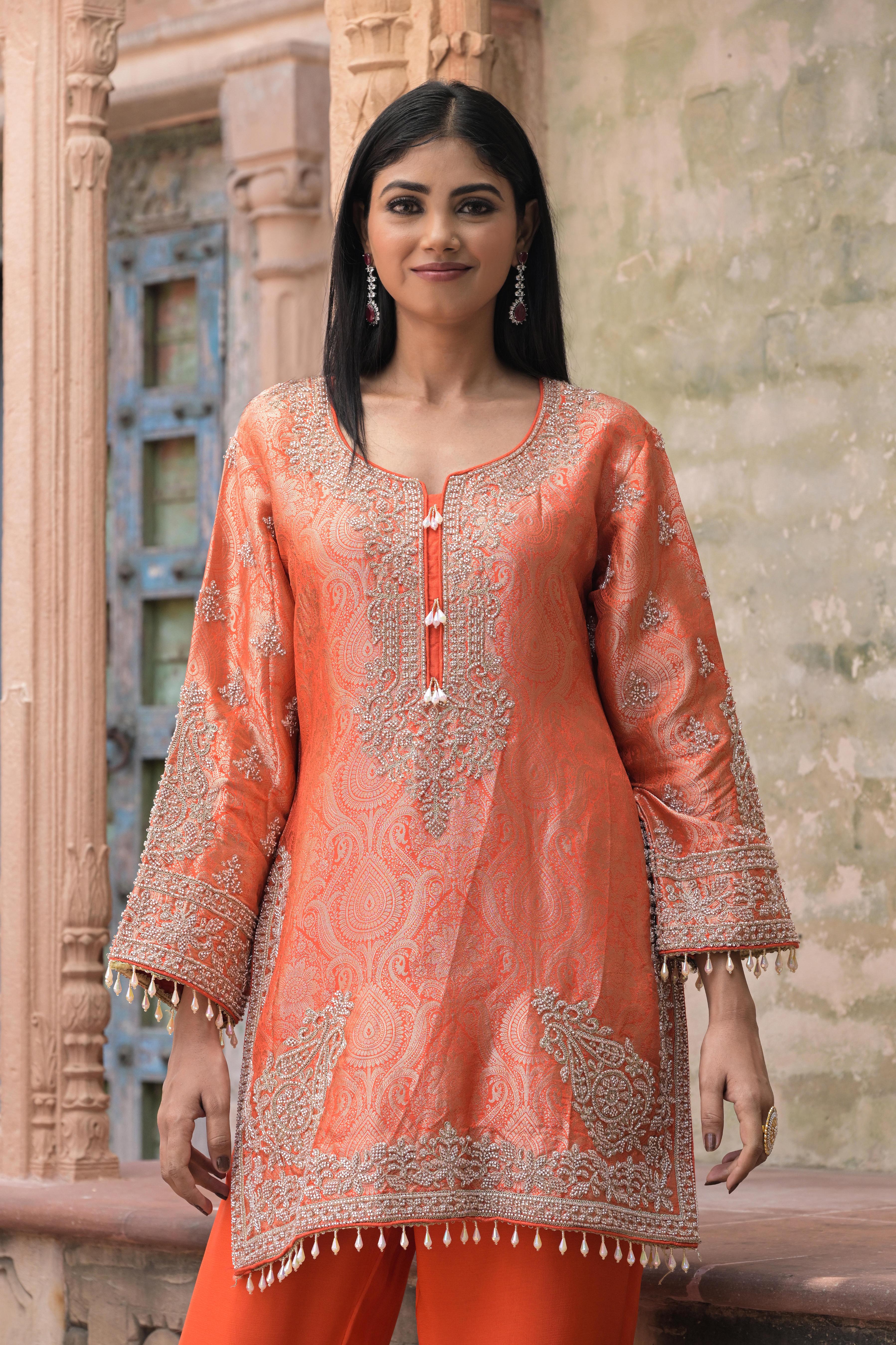 Carrot Orange Embellished Banarasi Silk Pant Set