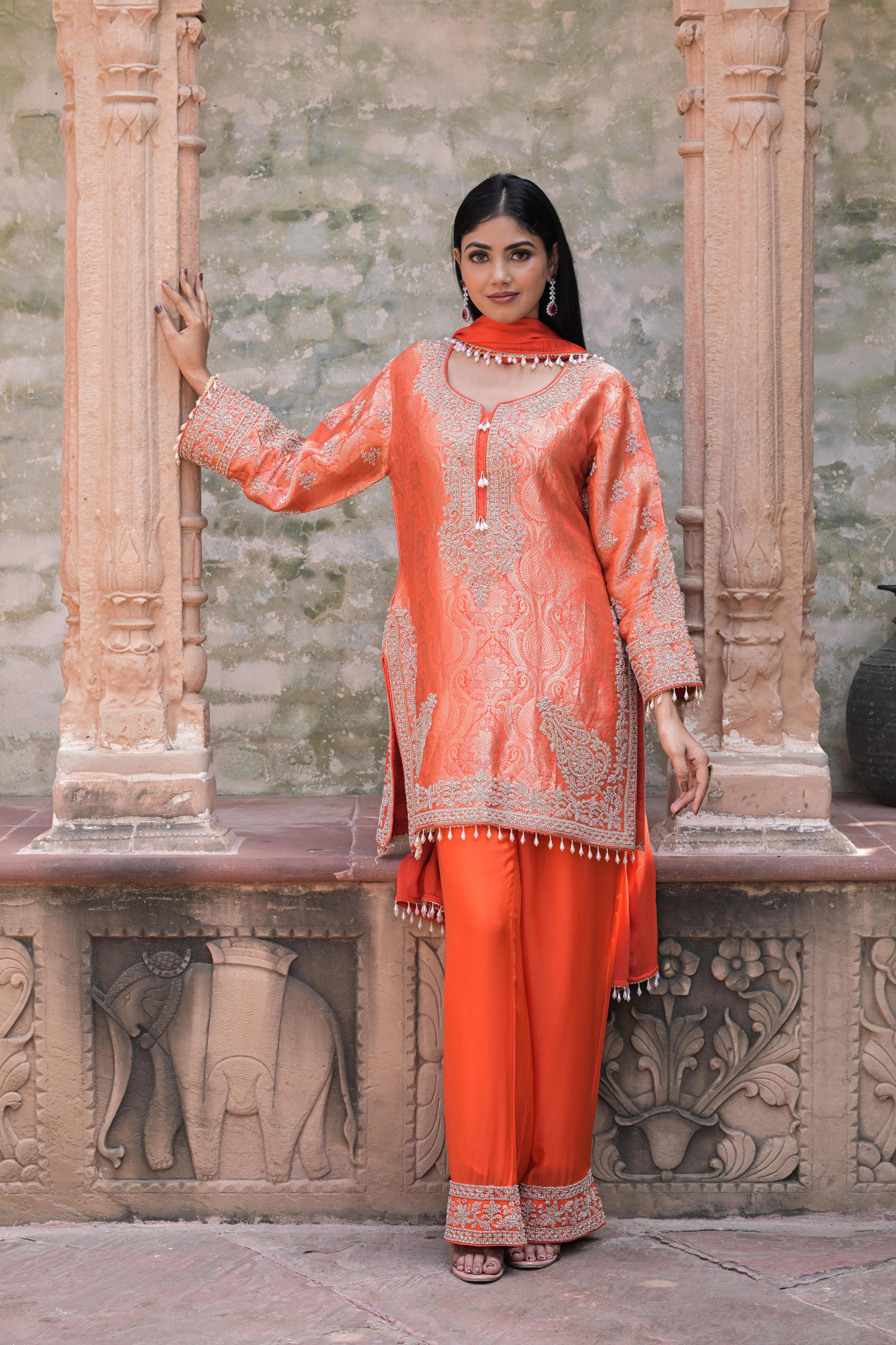 Carrot Orange Embellished Banarasi Silk Pant Set