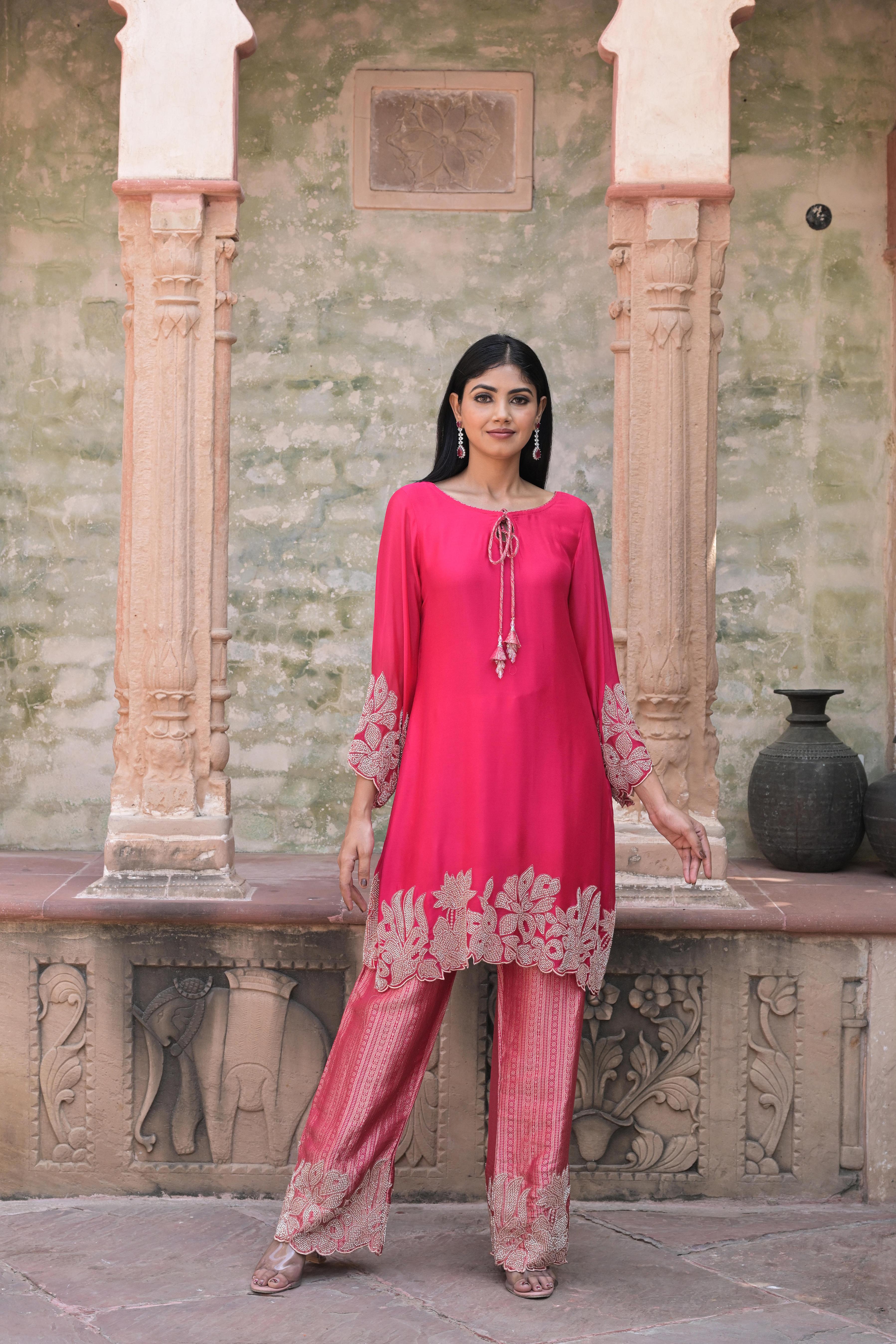 Dark Pink Embellished Chinon Silk Pant Set