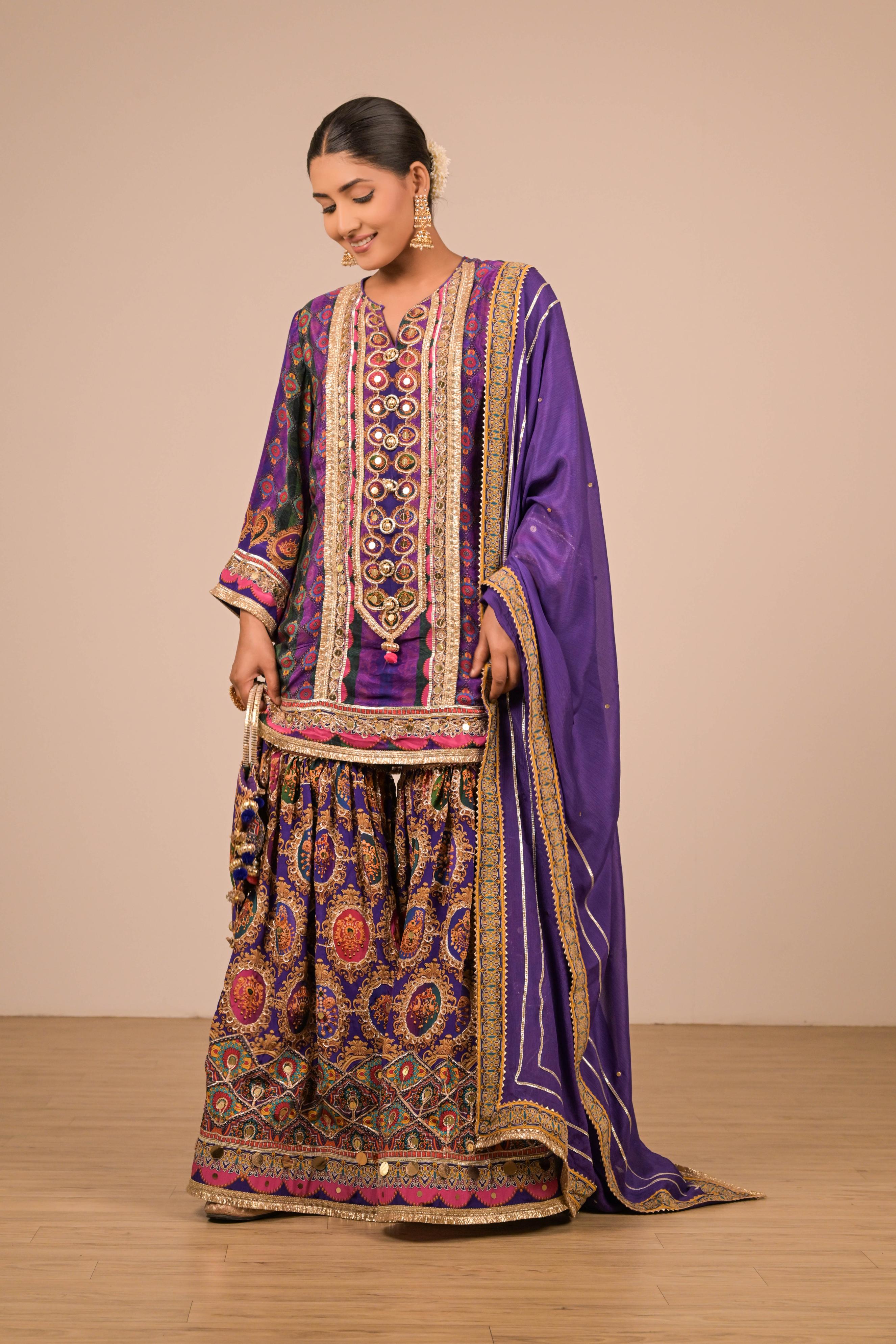 Purple-Green Printed Sharara Set
