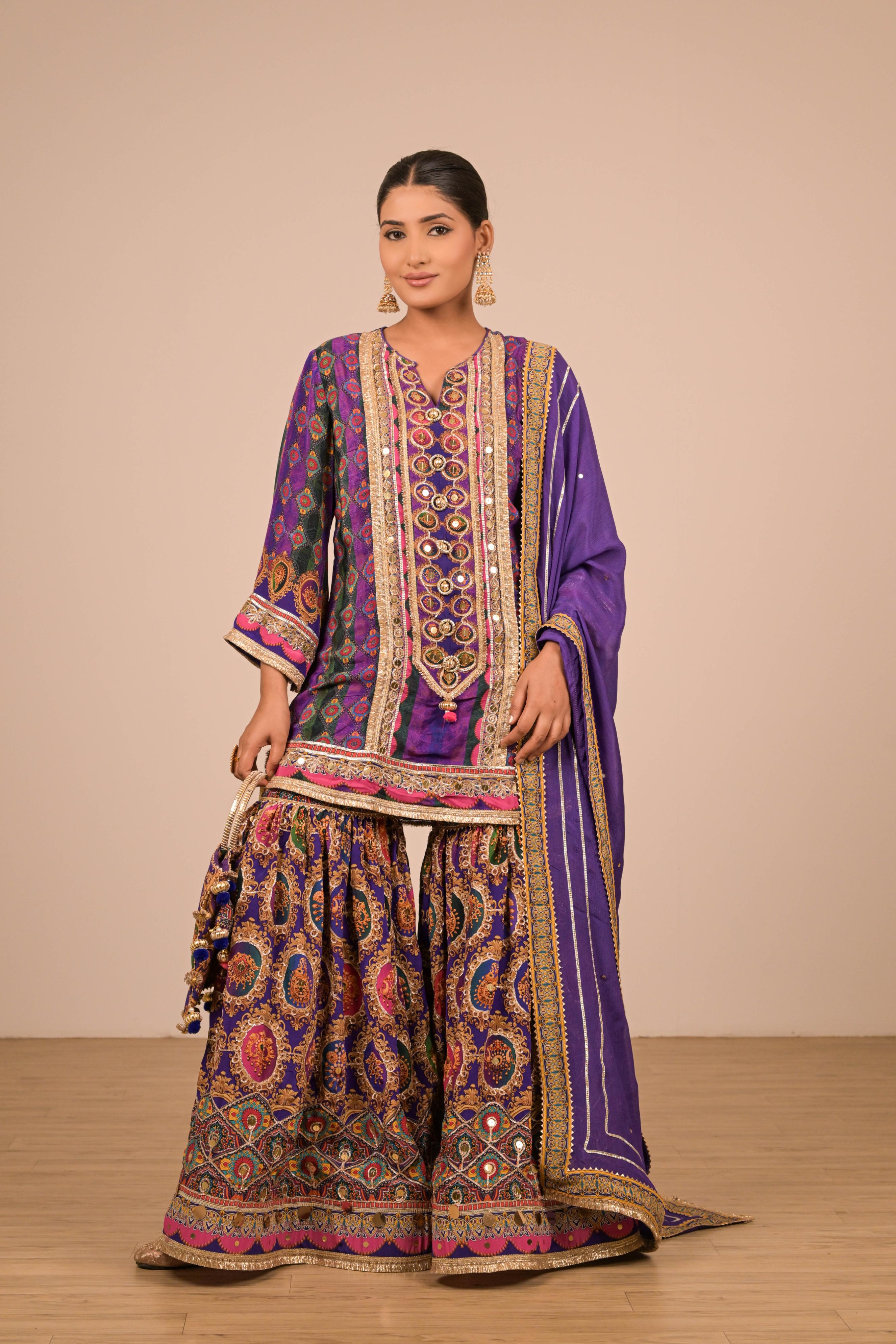 Purple-Green Printed Sharara Set