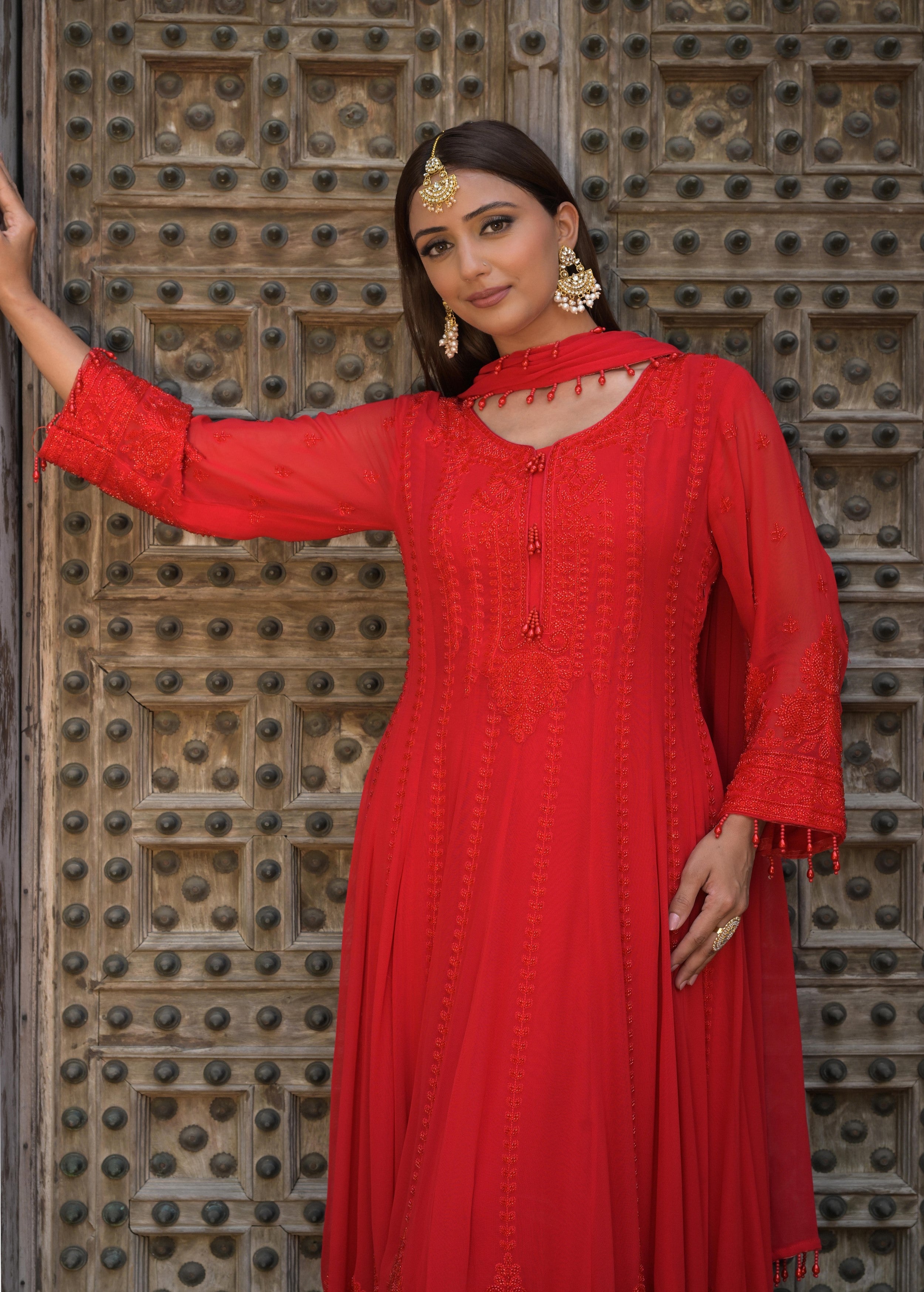 Crimson Red Embellished Georgette Silk Anarkali Set