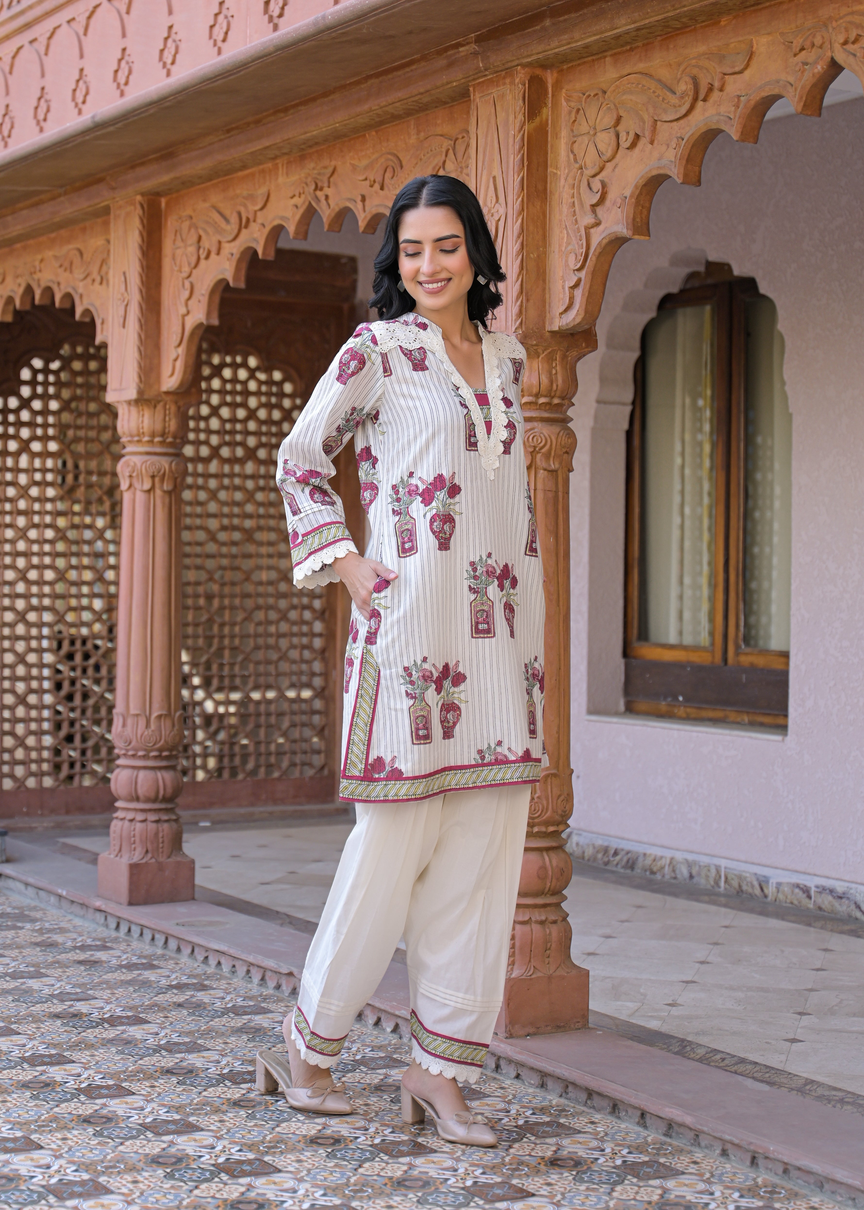 Chalk White Printed Cotton Kurta Set