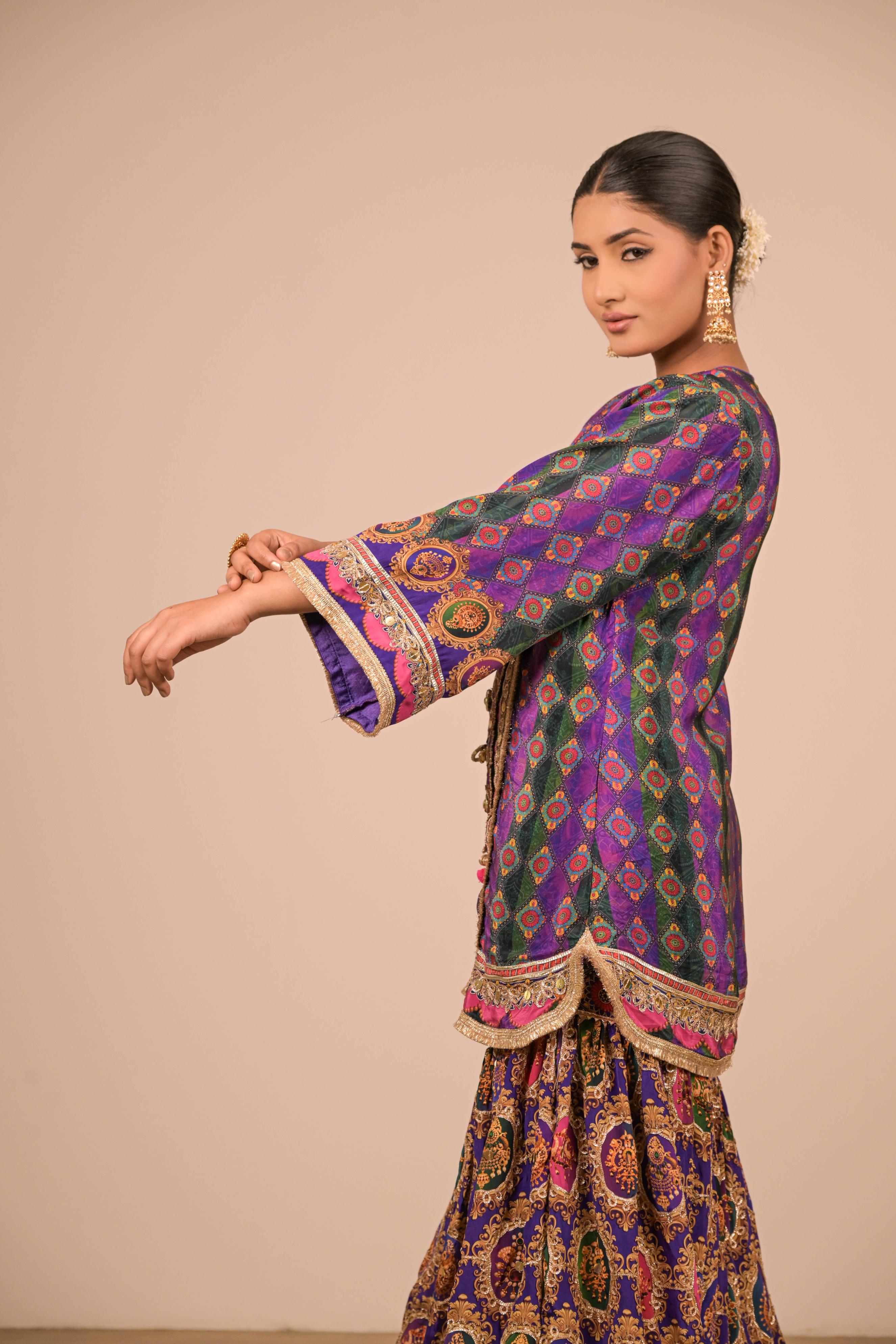 Purple-Green Printed Sharara Set