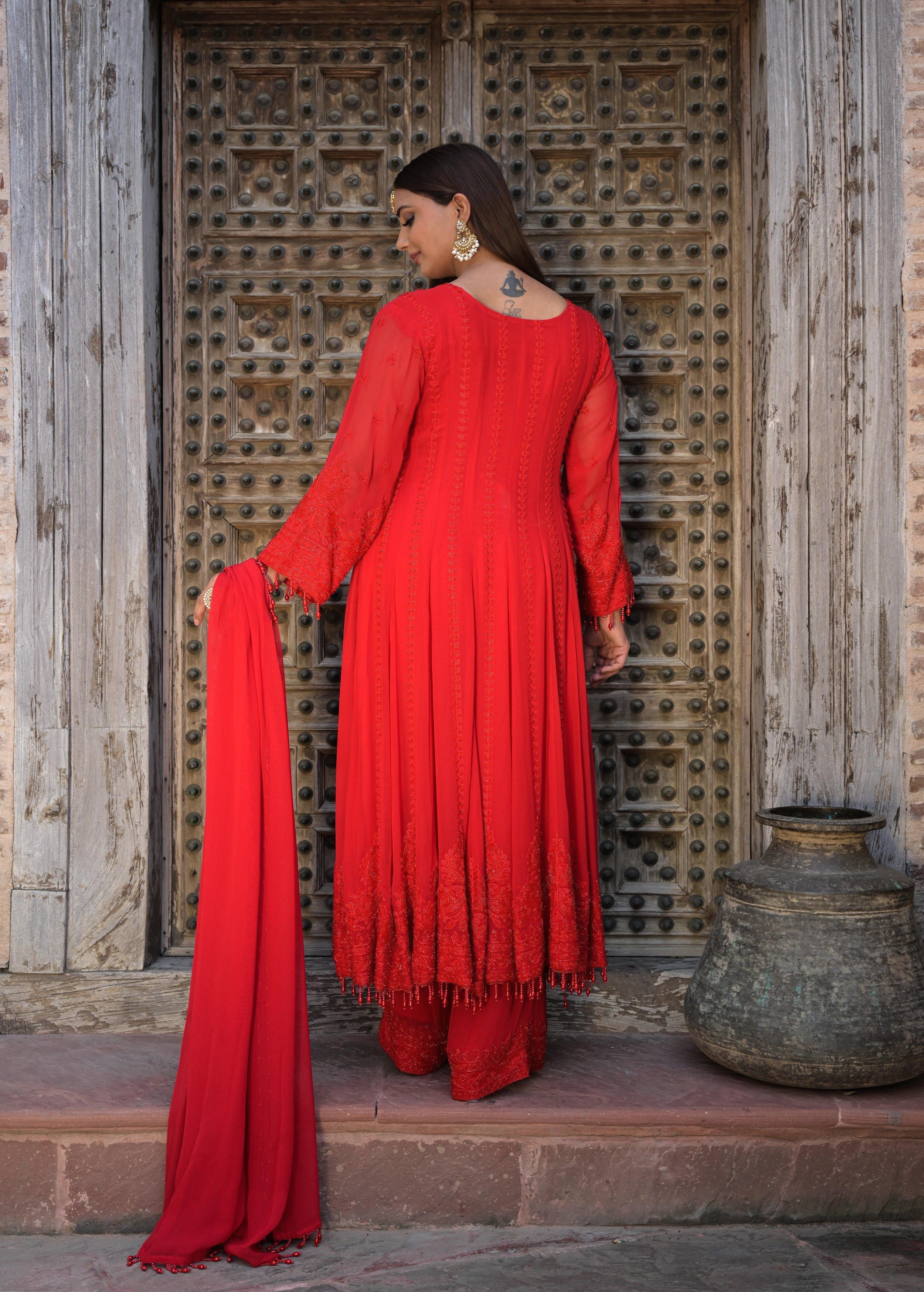 Crimson Red Embellished Georgette Silk Anarkali Set