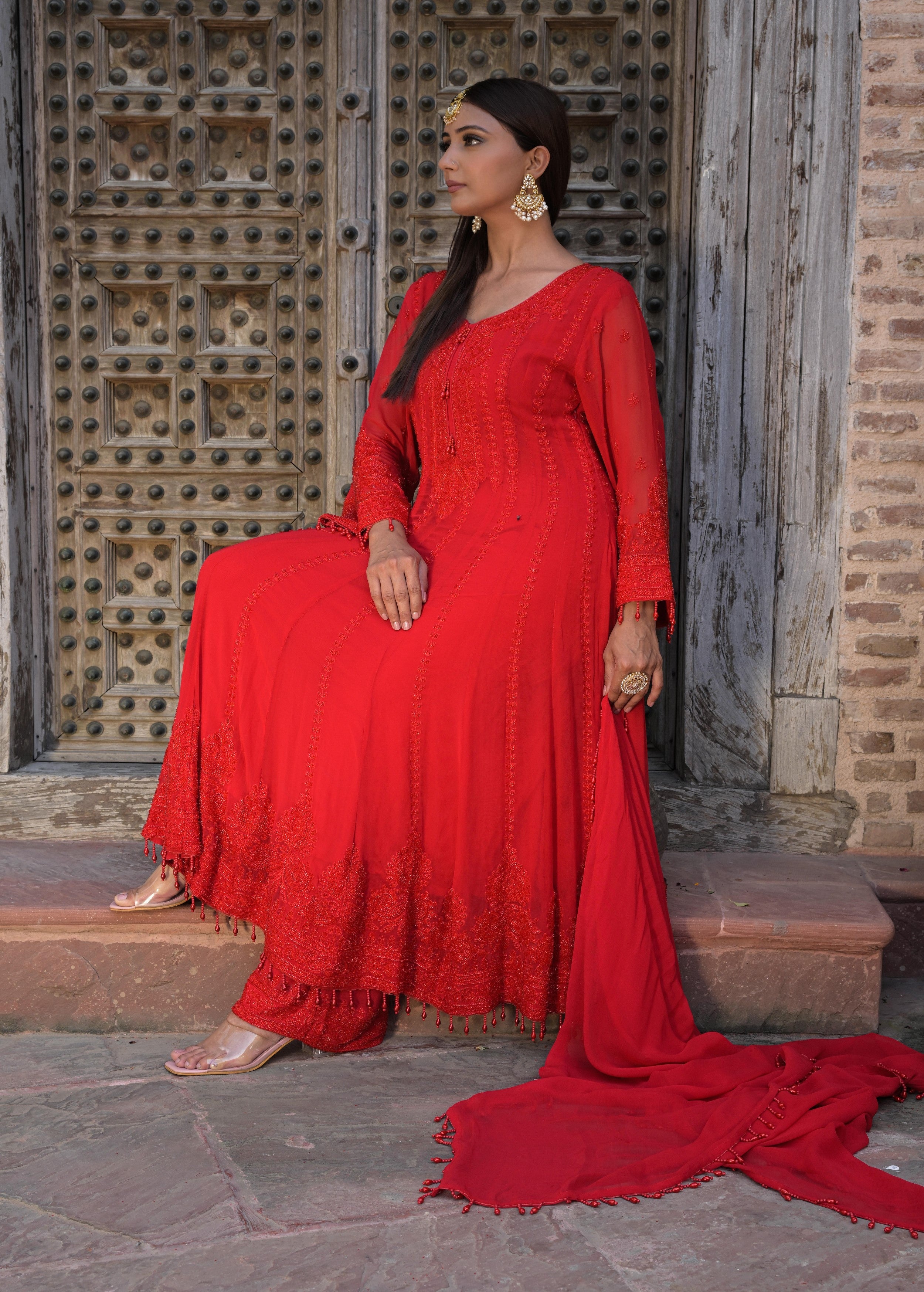 Crimson Red Embellished Georgette Silk Anarkali Set
