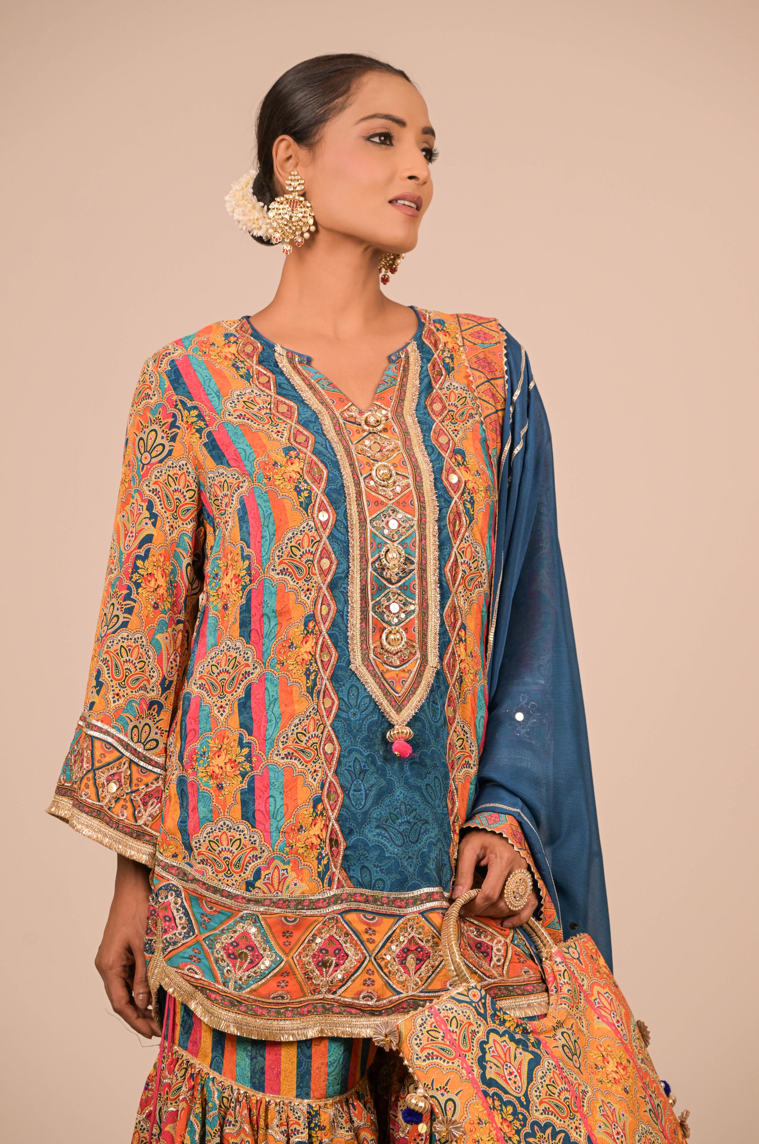 Teal Multicolour Printed Sharara Set