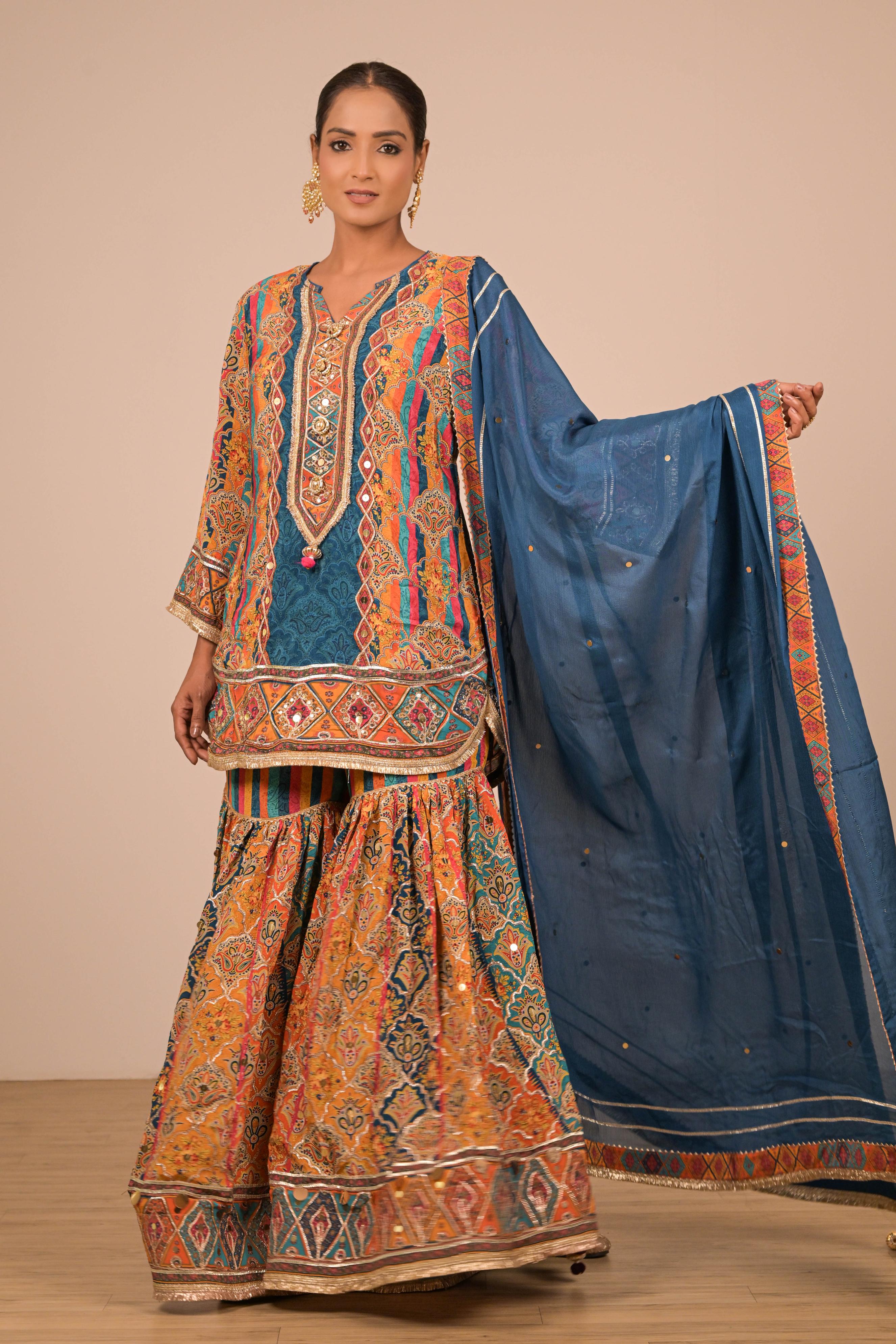 Teal Multicolour Printed Sharara Set