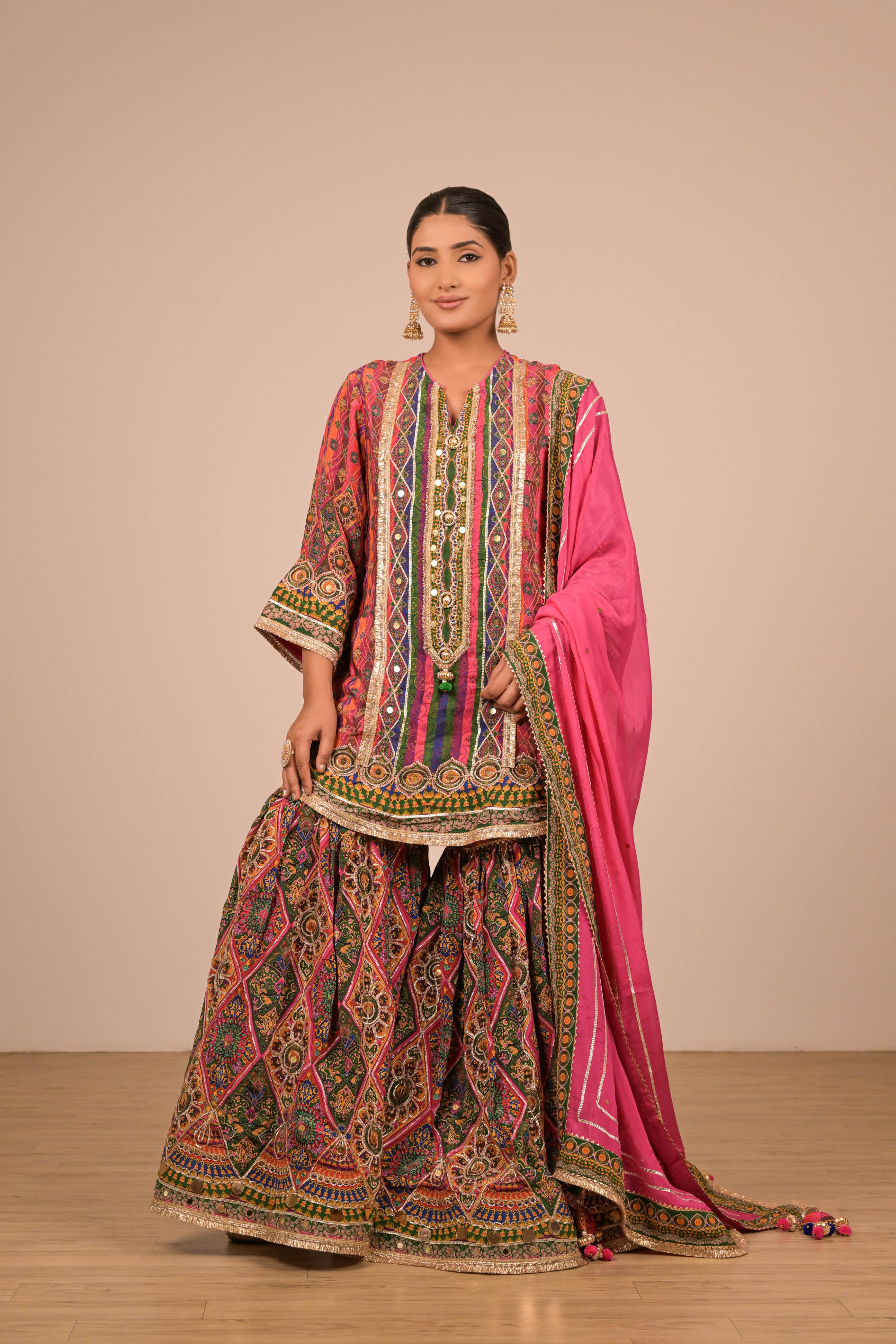Pink & Green Multicolour Printed Sharara Set