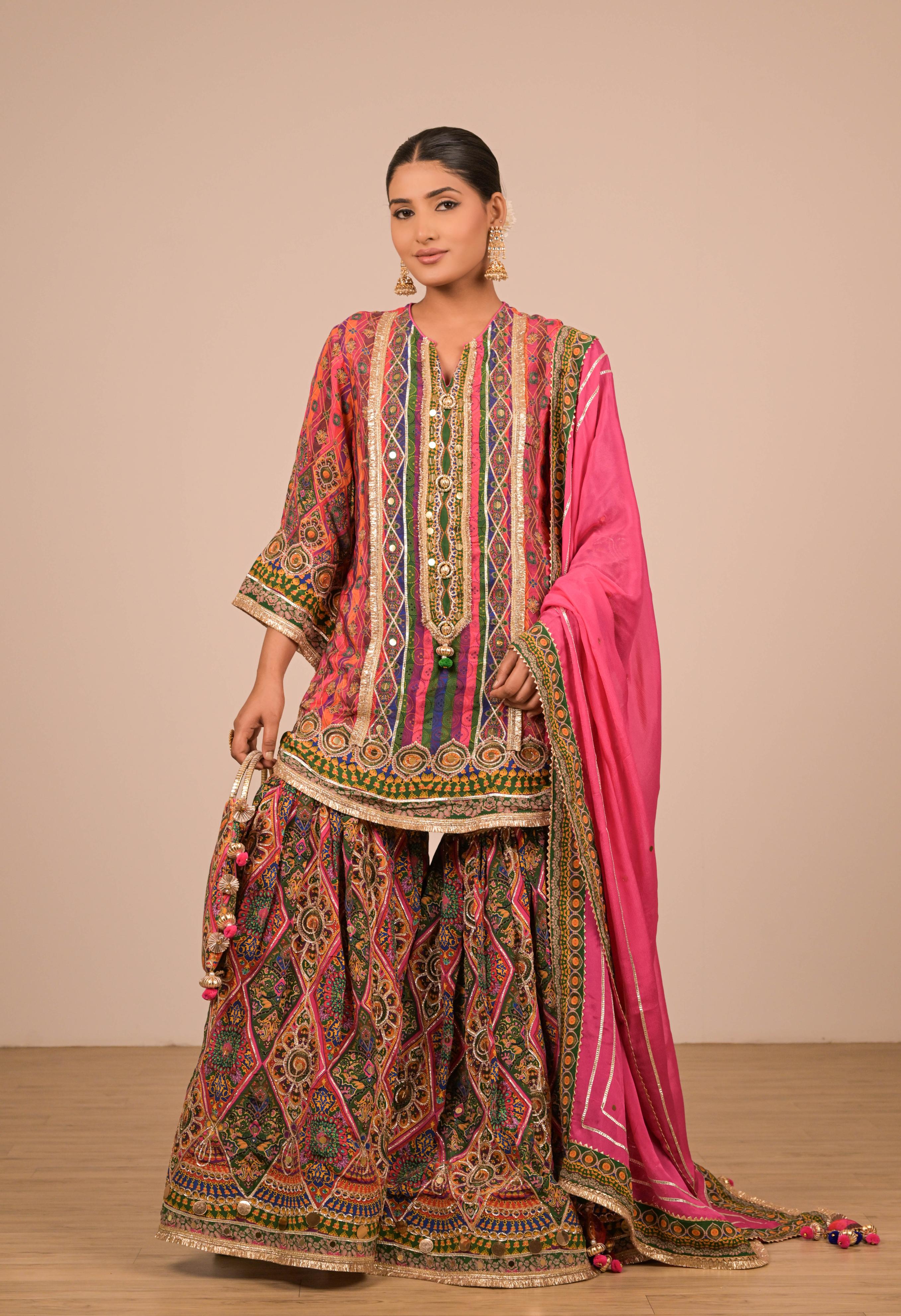 Pink & Green Multicolour Printed Sharara Set
