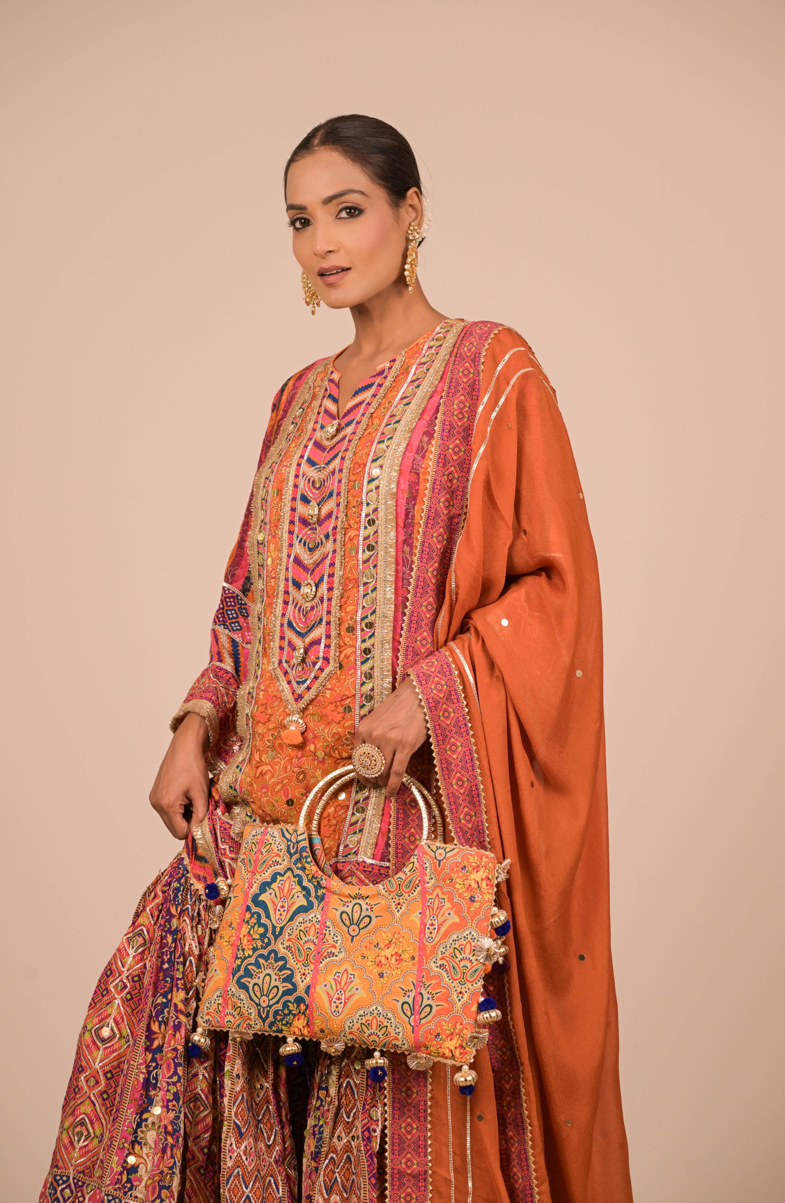 Rust Multicolour Printed Sharara Set