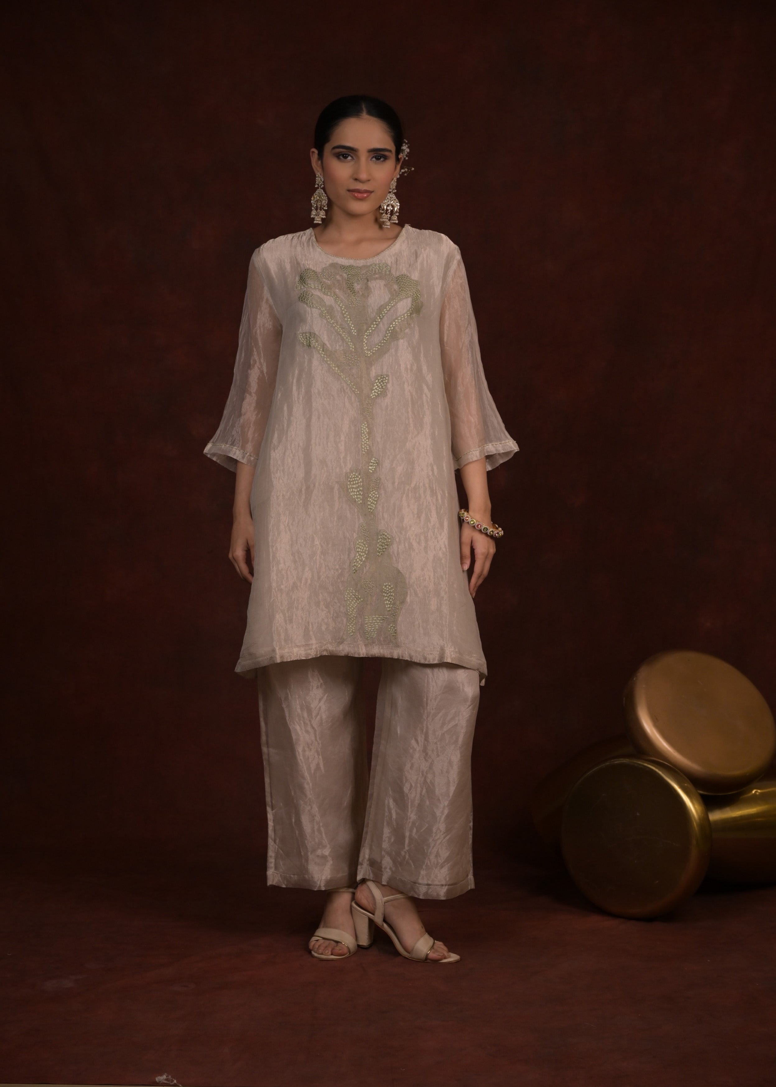 Sage Vine Embellished Tissue Silk Kurta Set