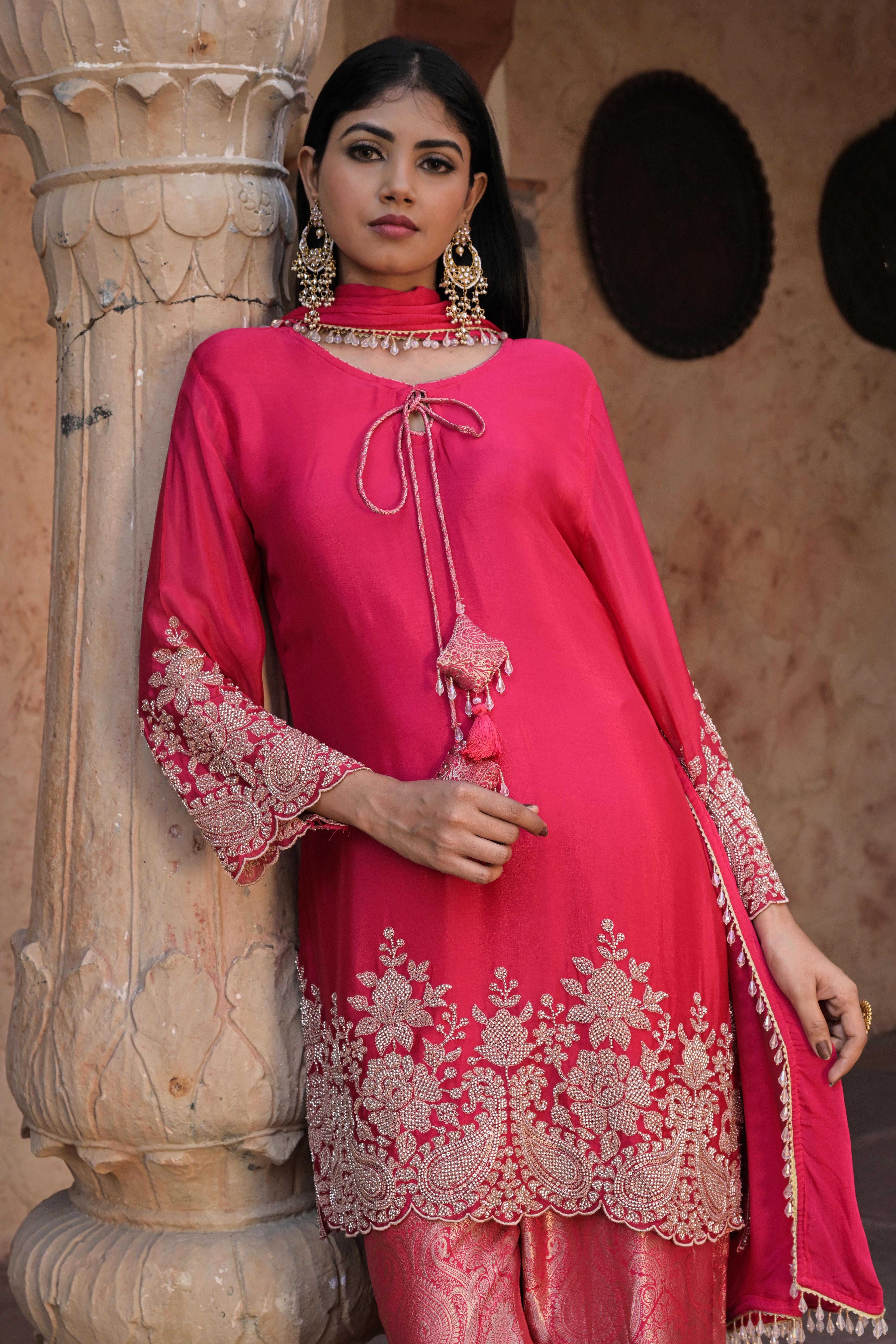 Royal Pink Embellished Chinon Silk Pant Set