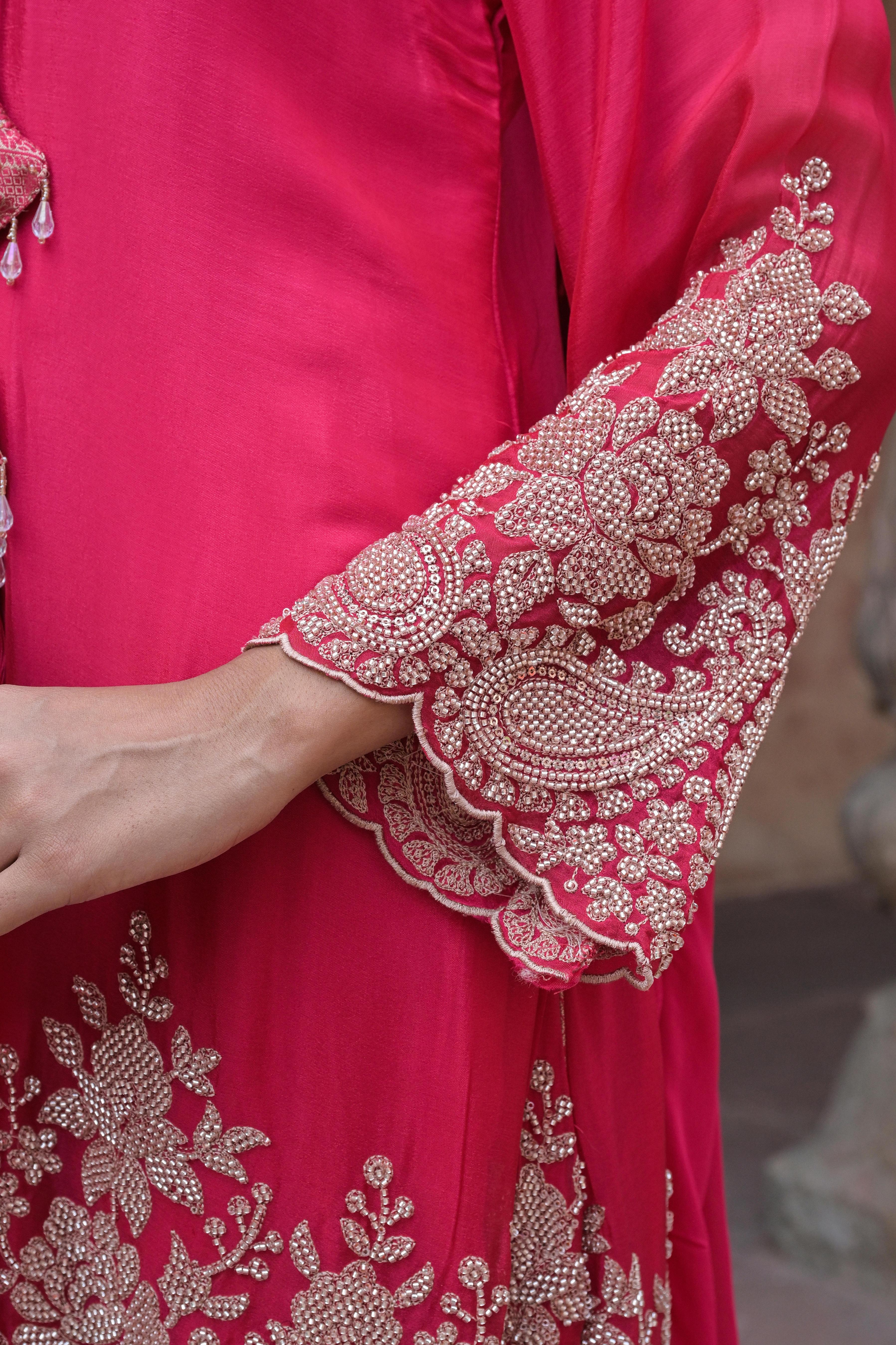 Royal Pink Embellished Chinon Silk Pant Set