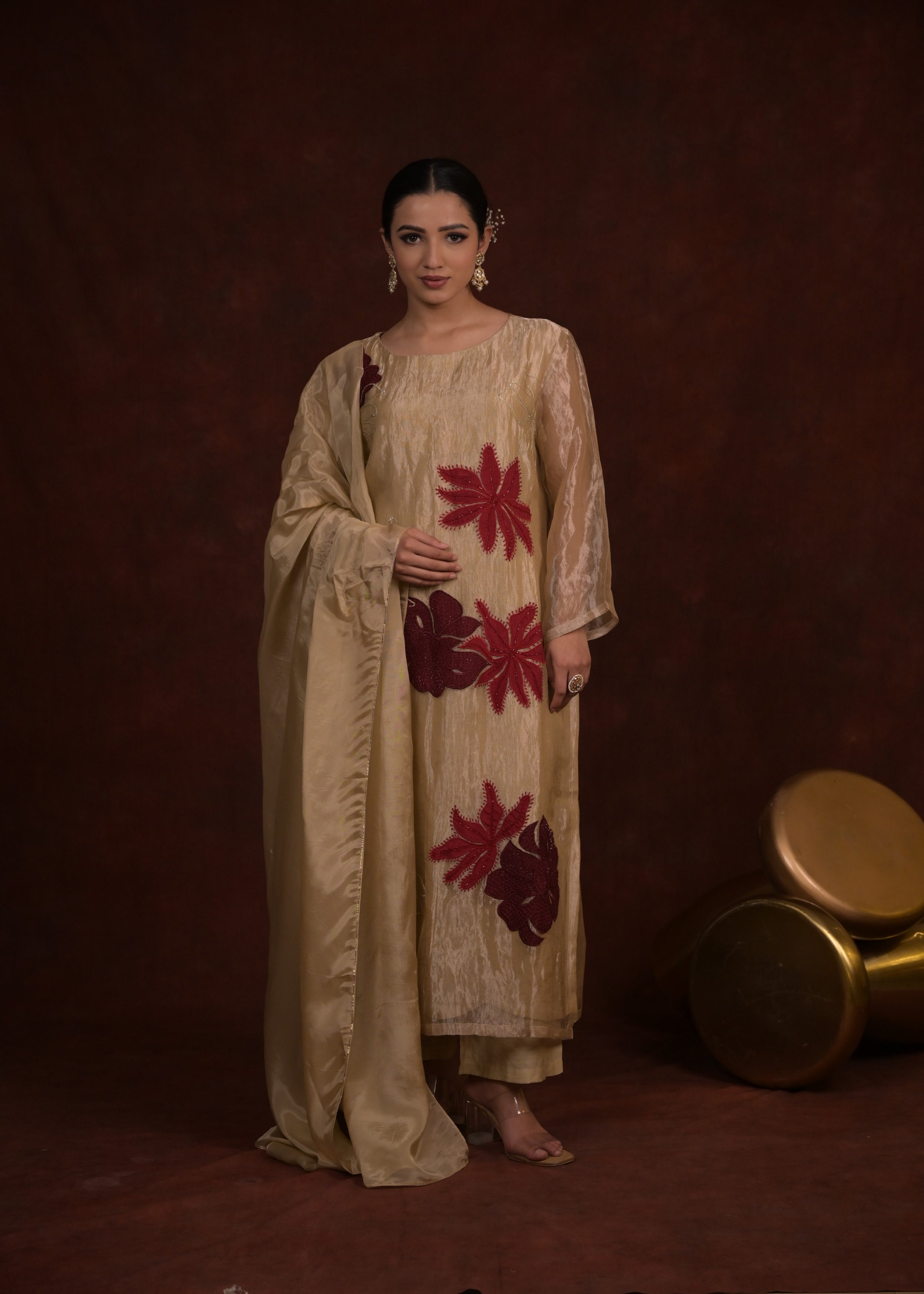 Champagne Flora Embellished Silk Pant Set