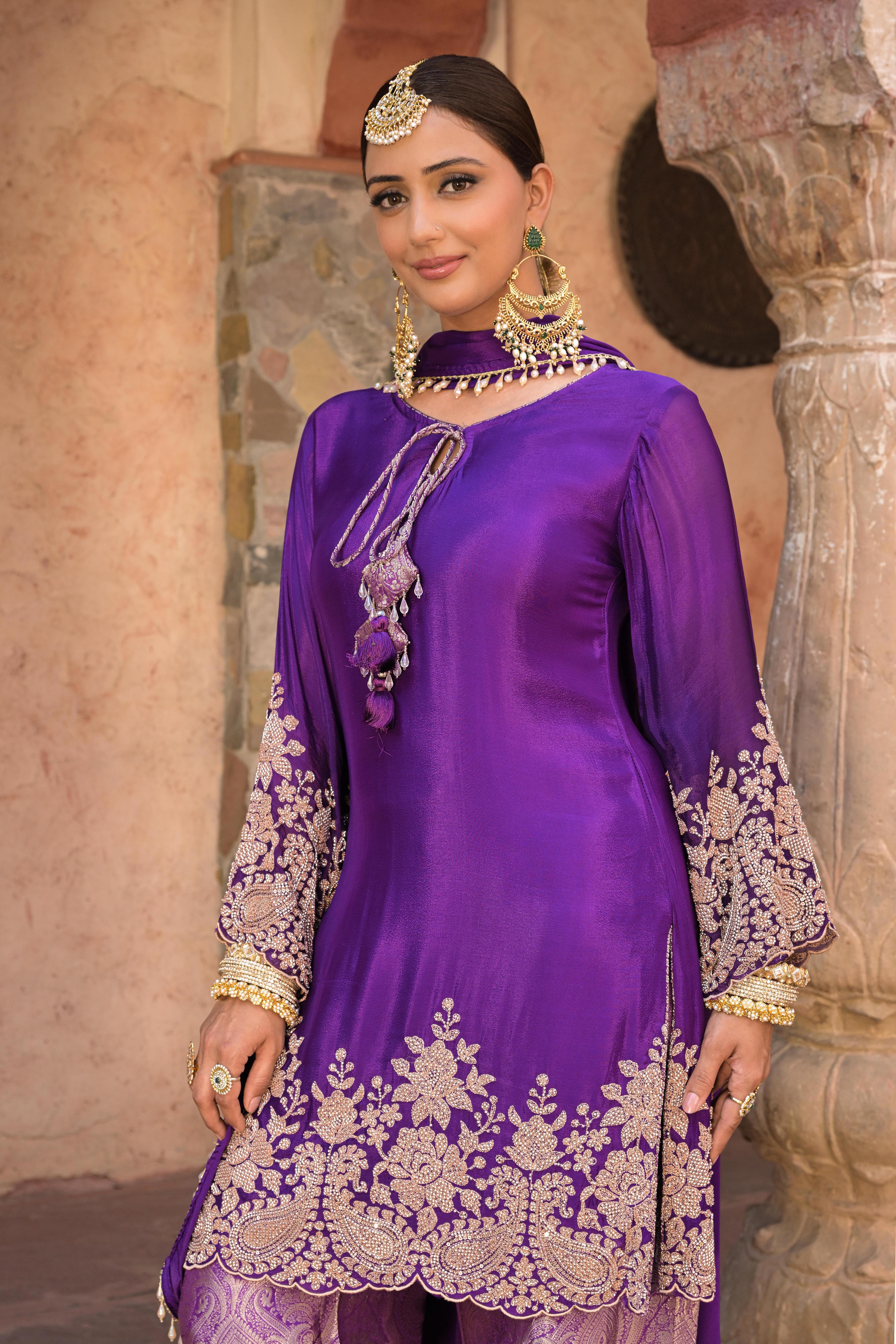 Royal Purple Embellished Chinon Silk Pant Set