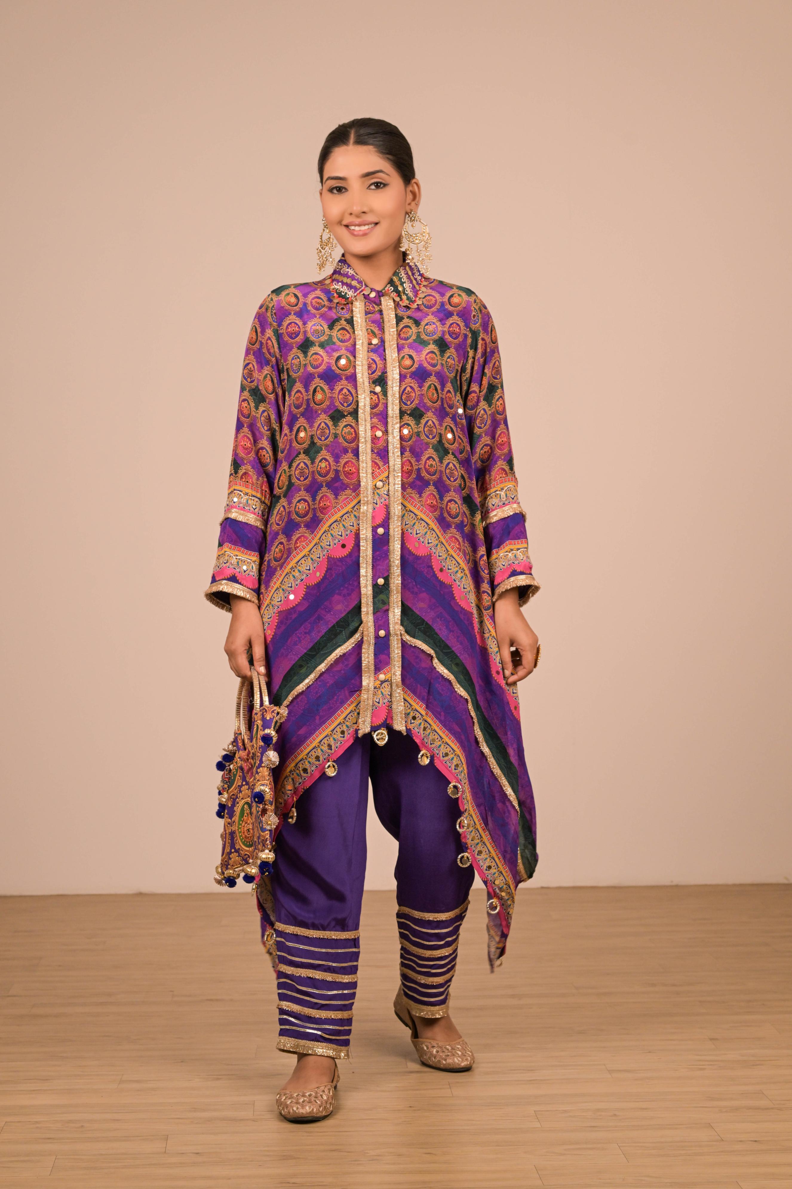 Asymmetrical Printed Kurta Set in Regal Purple
