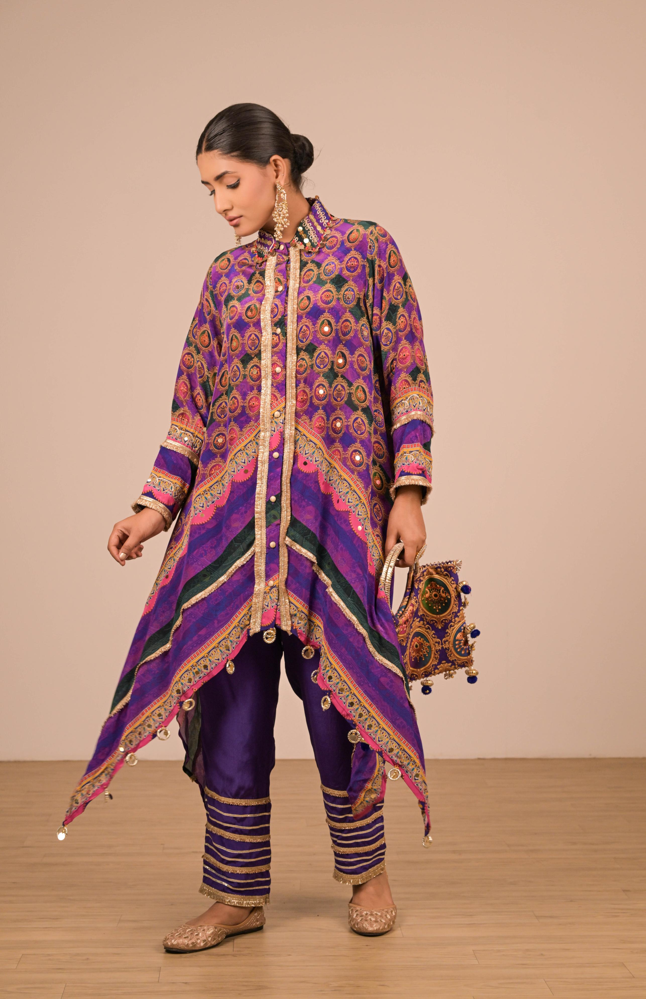 Asymmetrical Printed Kurta Set in Regal Purple