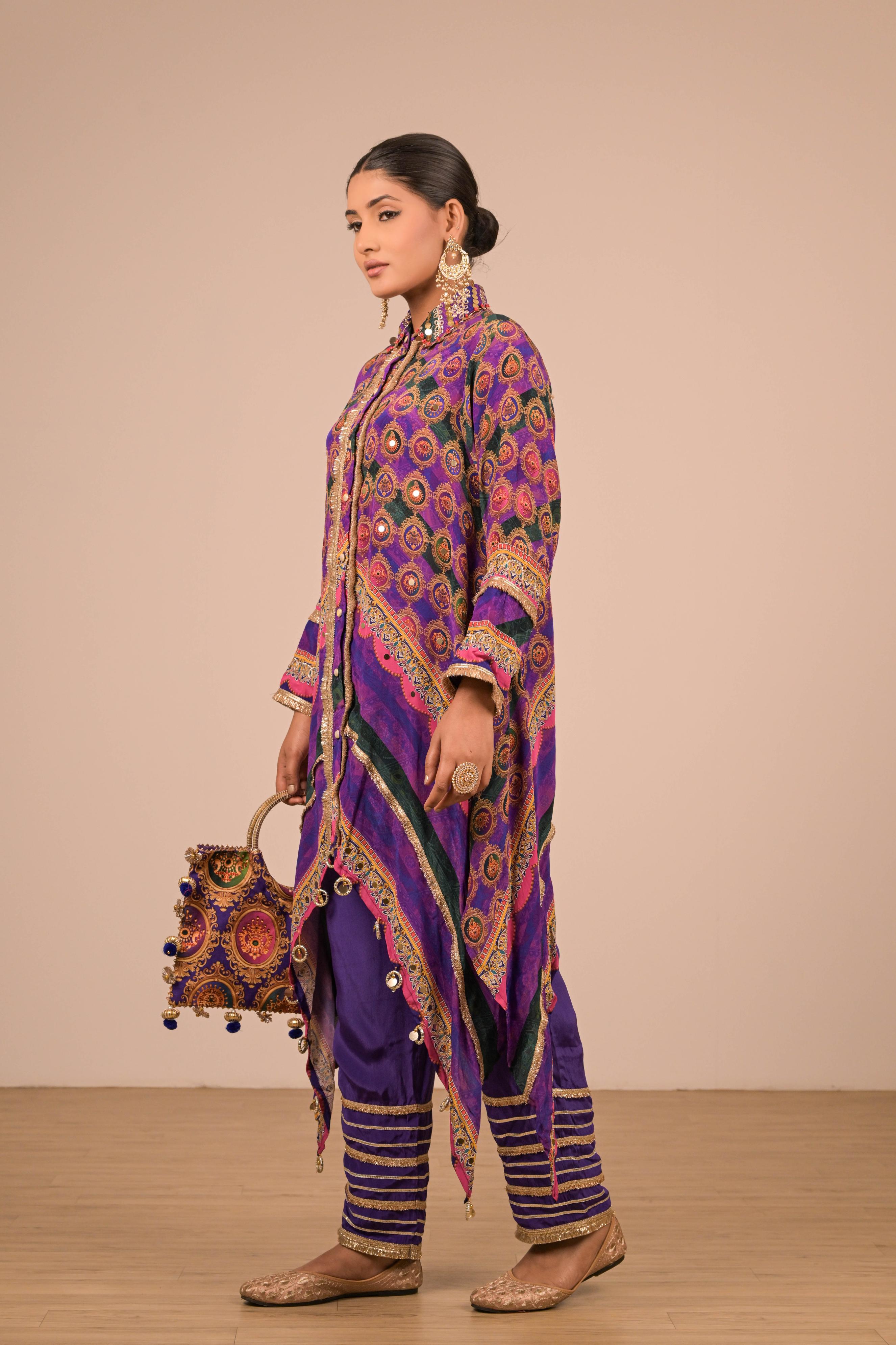 Asymmetrical Printed Kurta Set in Regal Purple