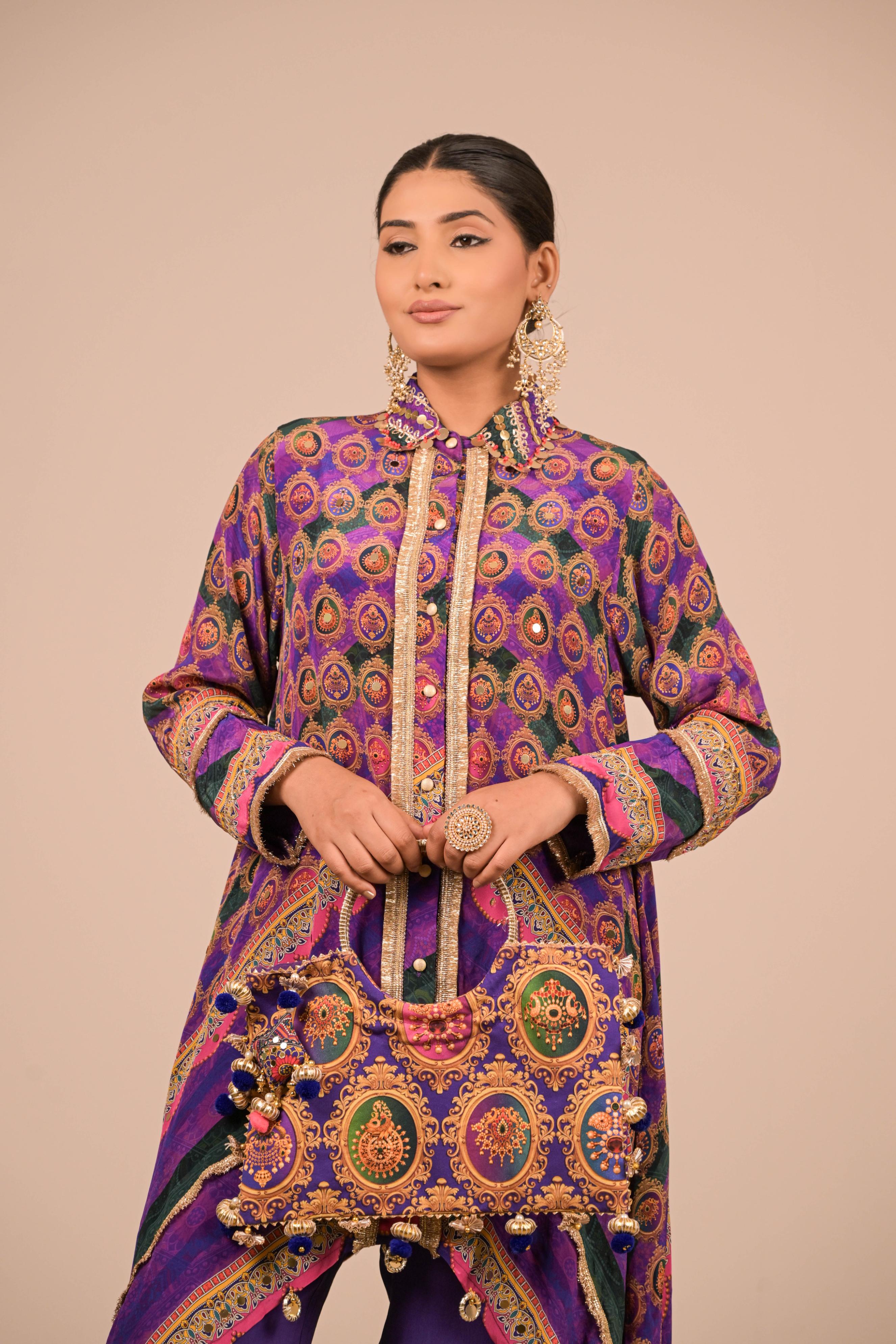 Asymmetrical Printed Kurta Set in Regal Purple
