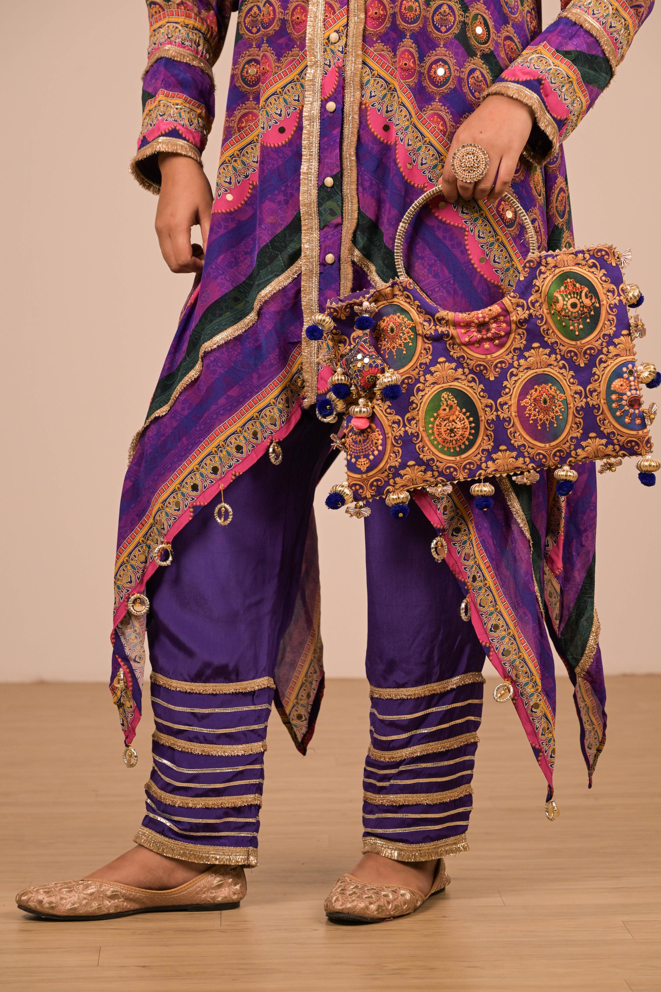 Asymmetrical Printed Kurta Set in Regal Purple