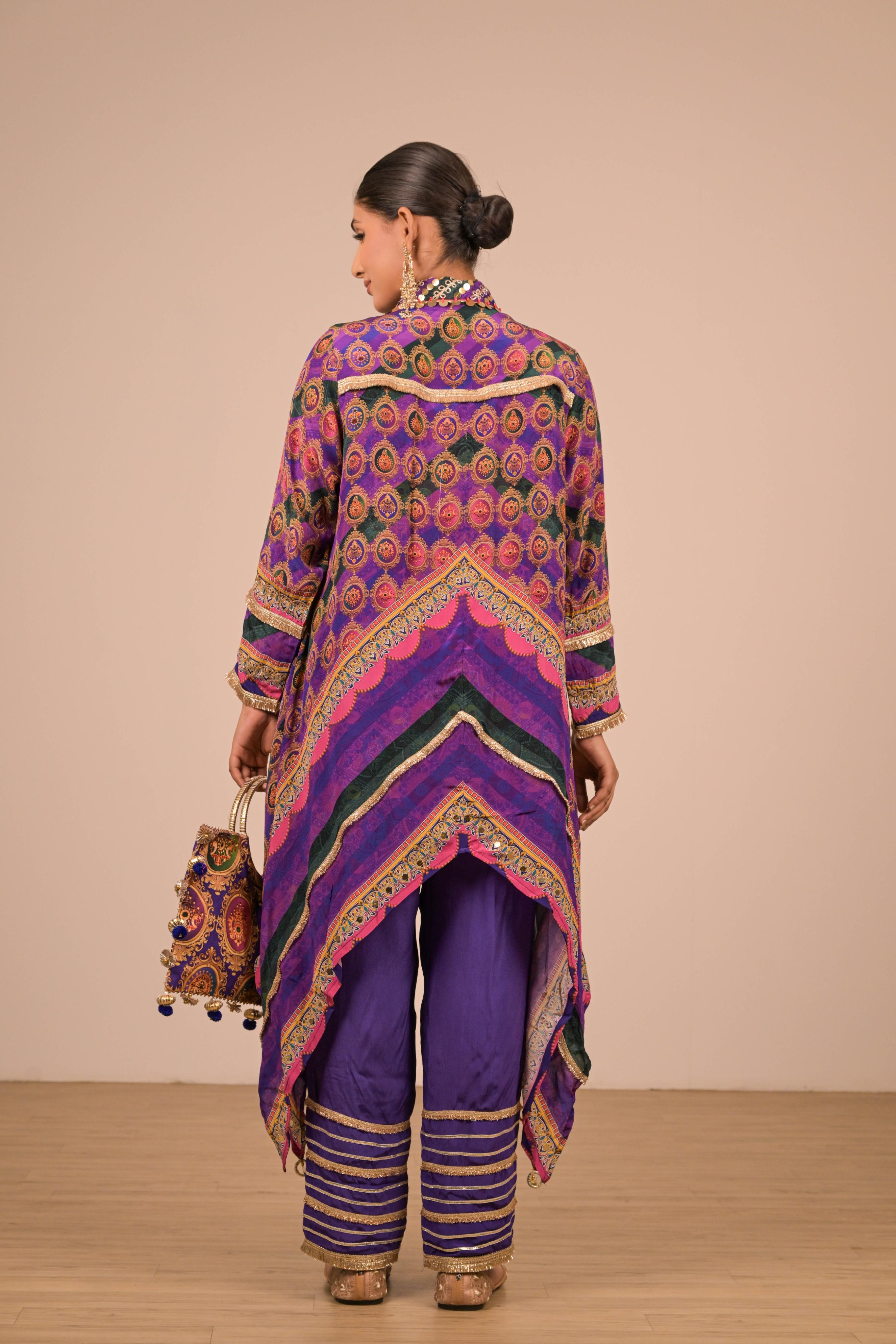 Asymmetrical Printed Kurta Set in Regal Purple