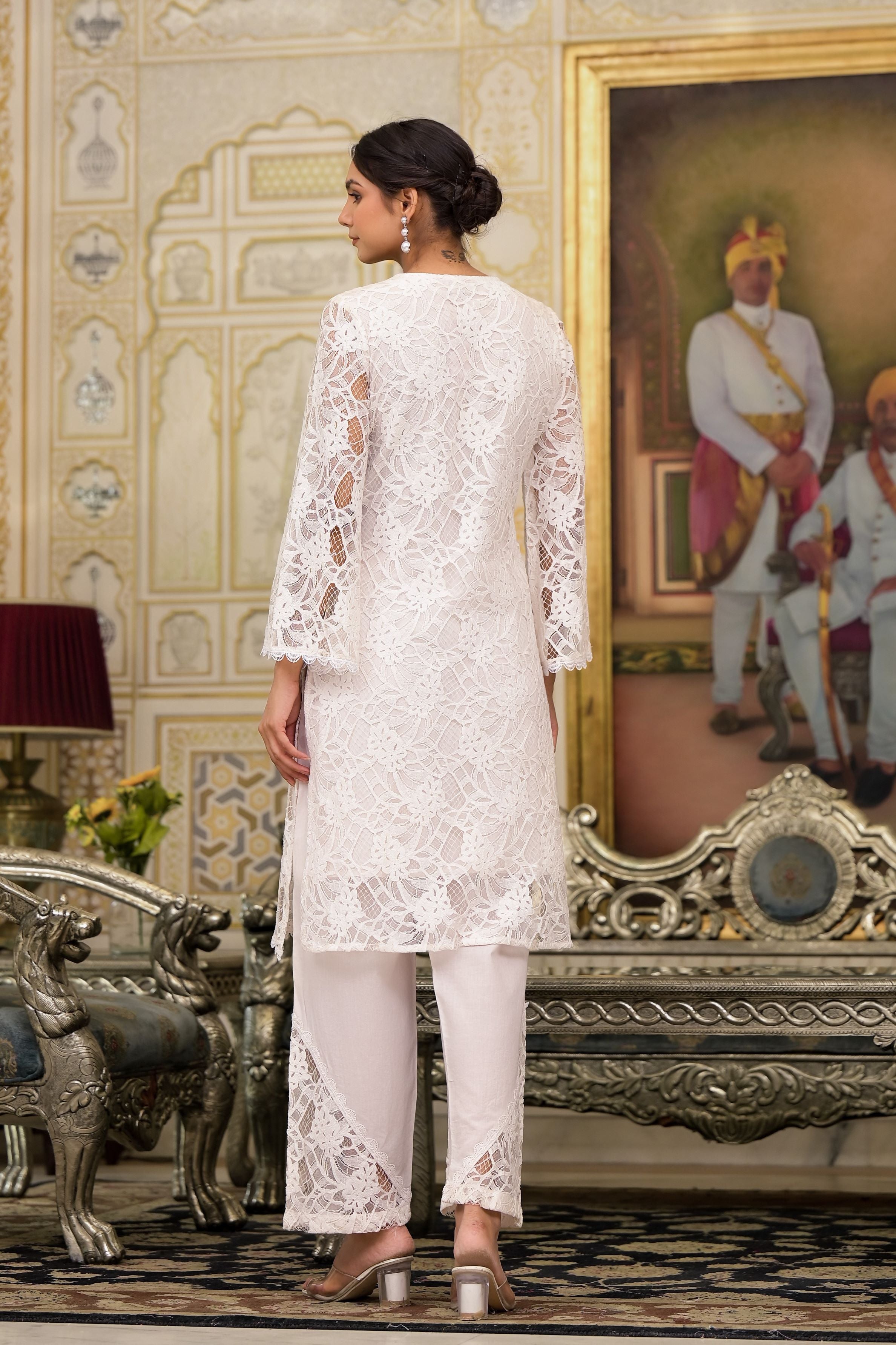 Pearl White Embroidered Premium Net Kurta & Pants Set