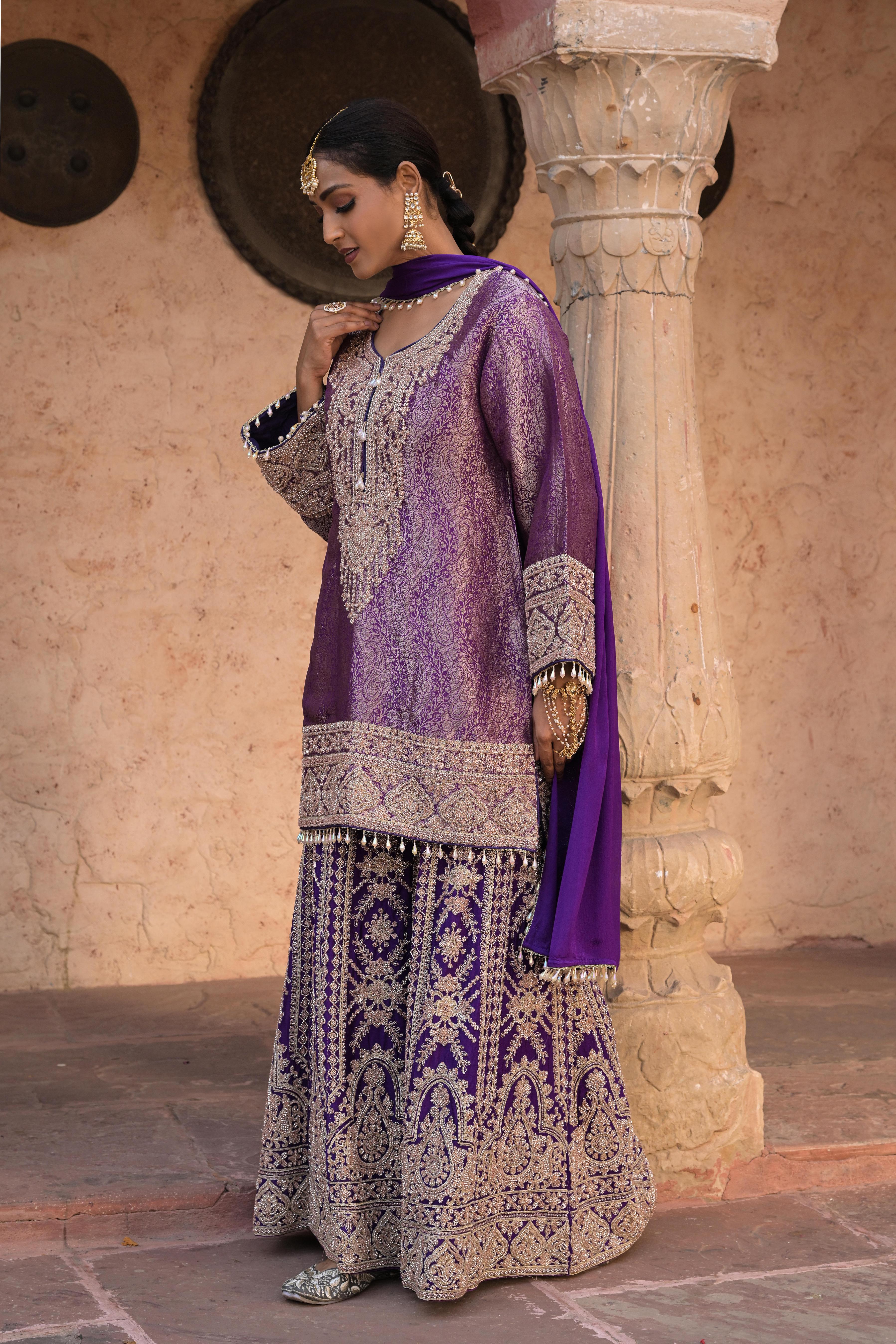 Deep Rich Purple Embellished Banarasi Silk Palazzo Set