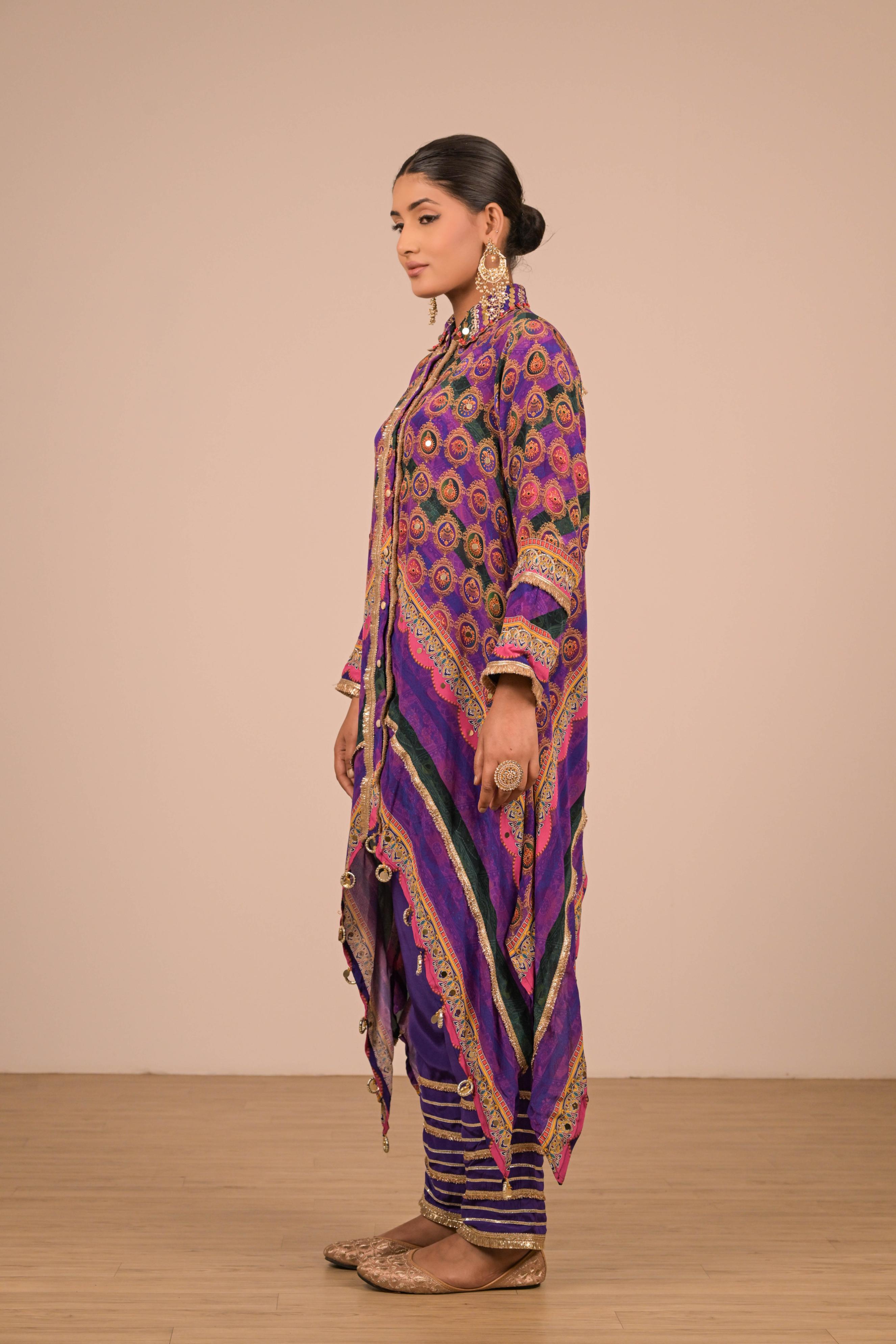 Asymmetrical Printed Kurta Set in Regal Purple