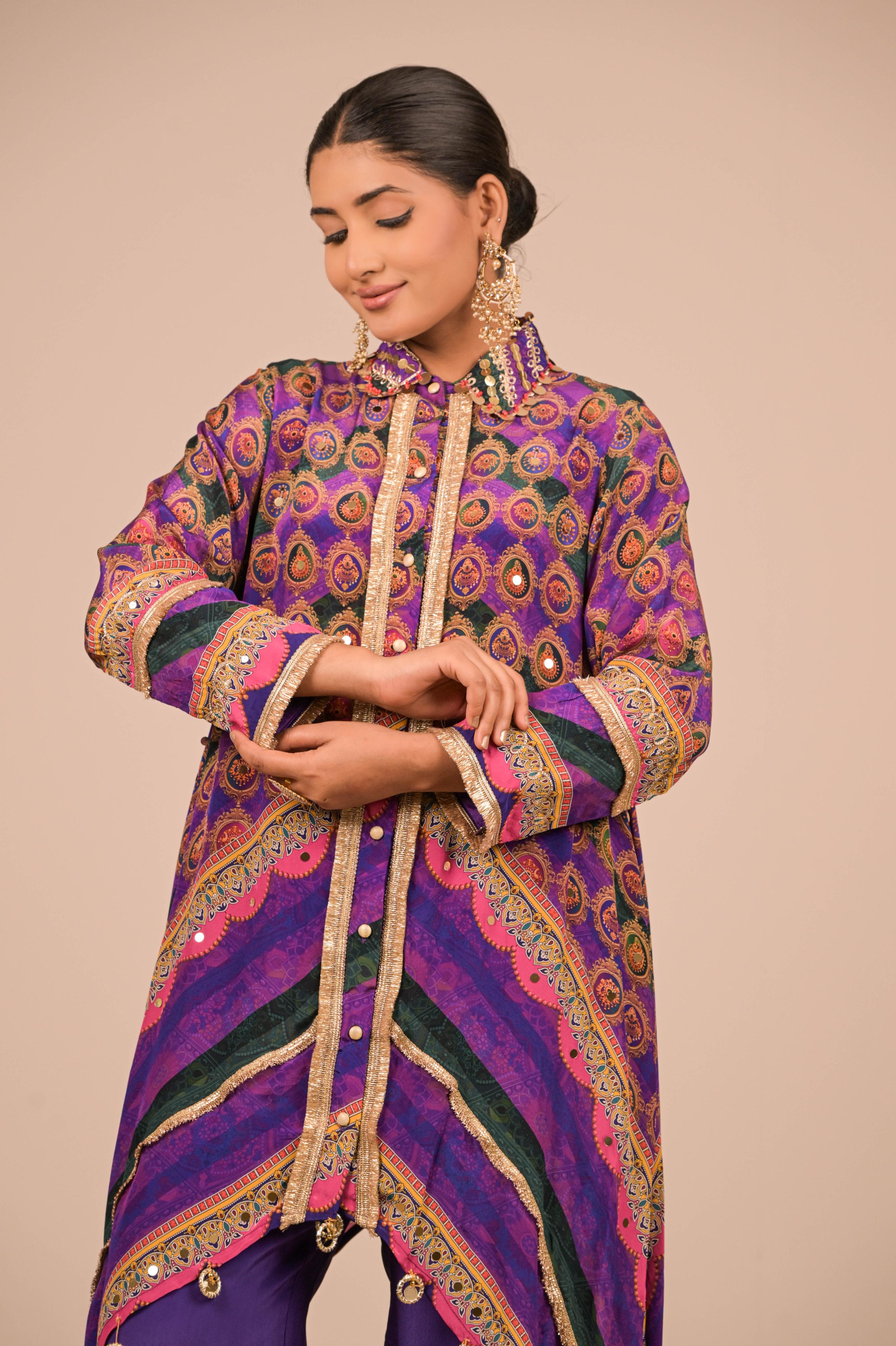 Asymmetrical Printed Kurta Set in Regal Purple