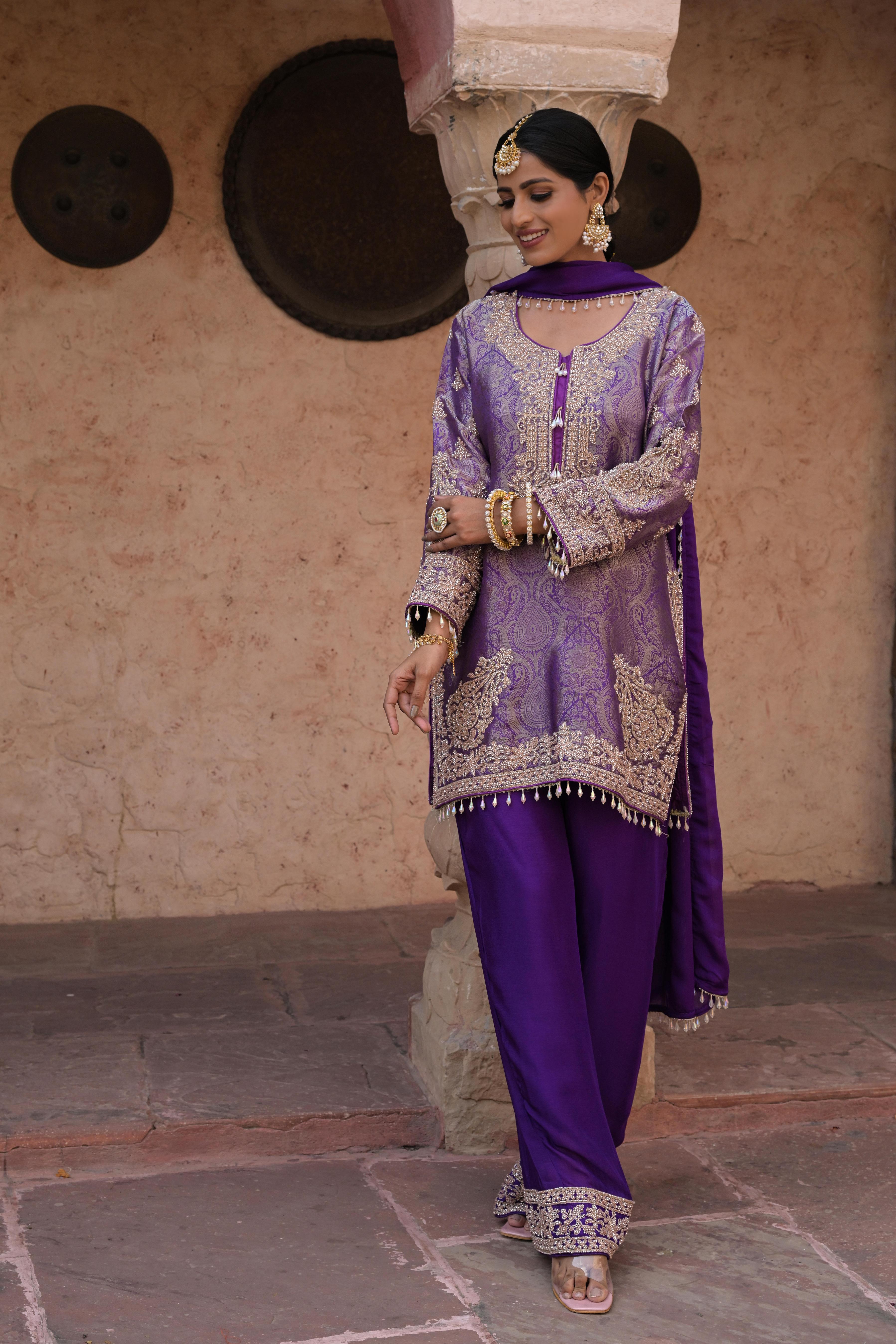 Dark Orchid Purple Embellished Banarasi Silk Pant Set