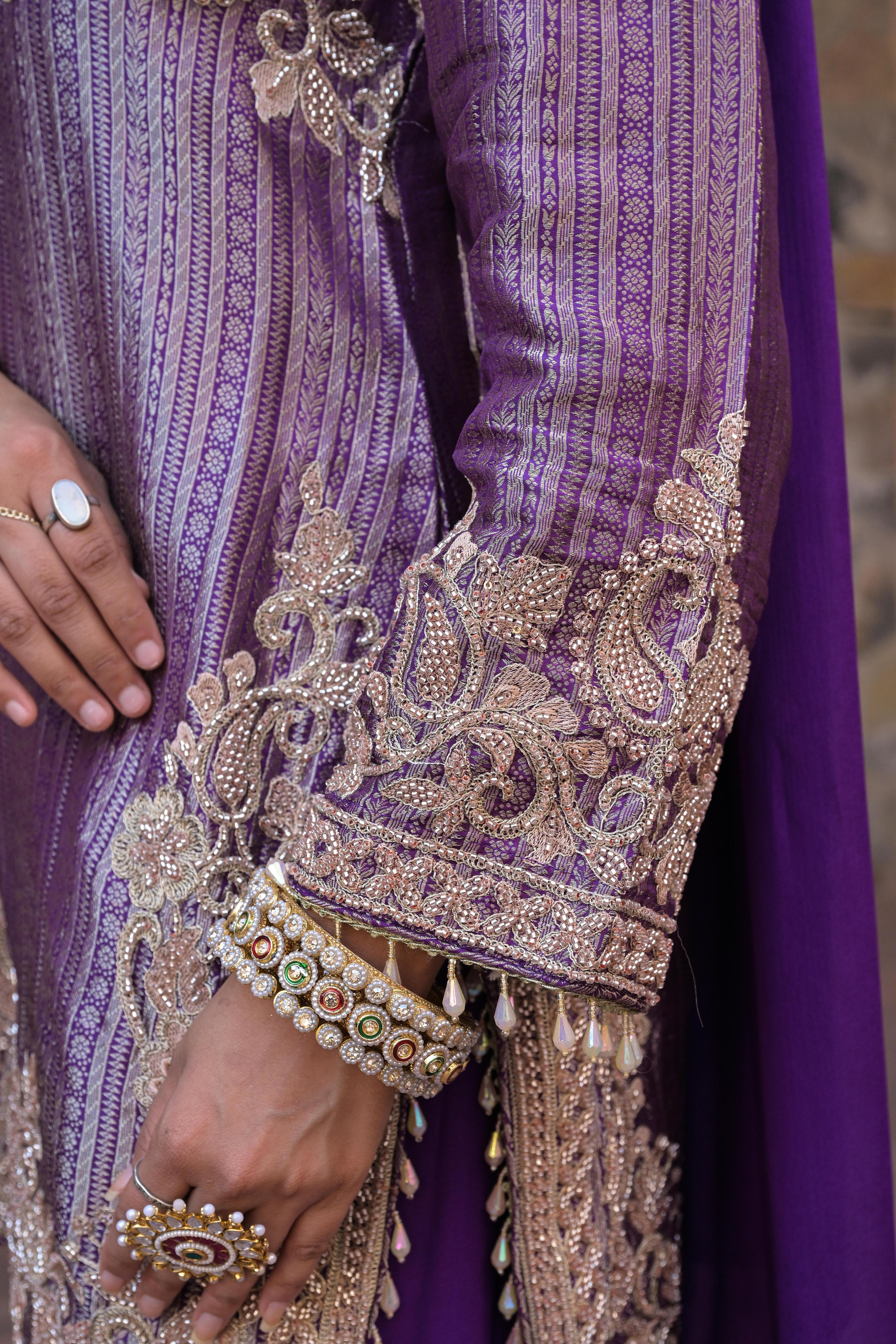 Grape Violet Embellished Brocade Silk Pant Set