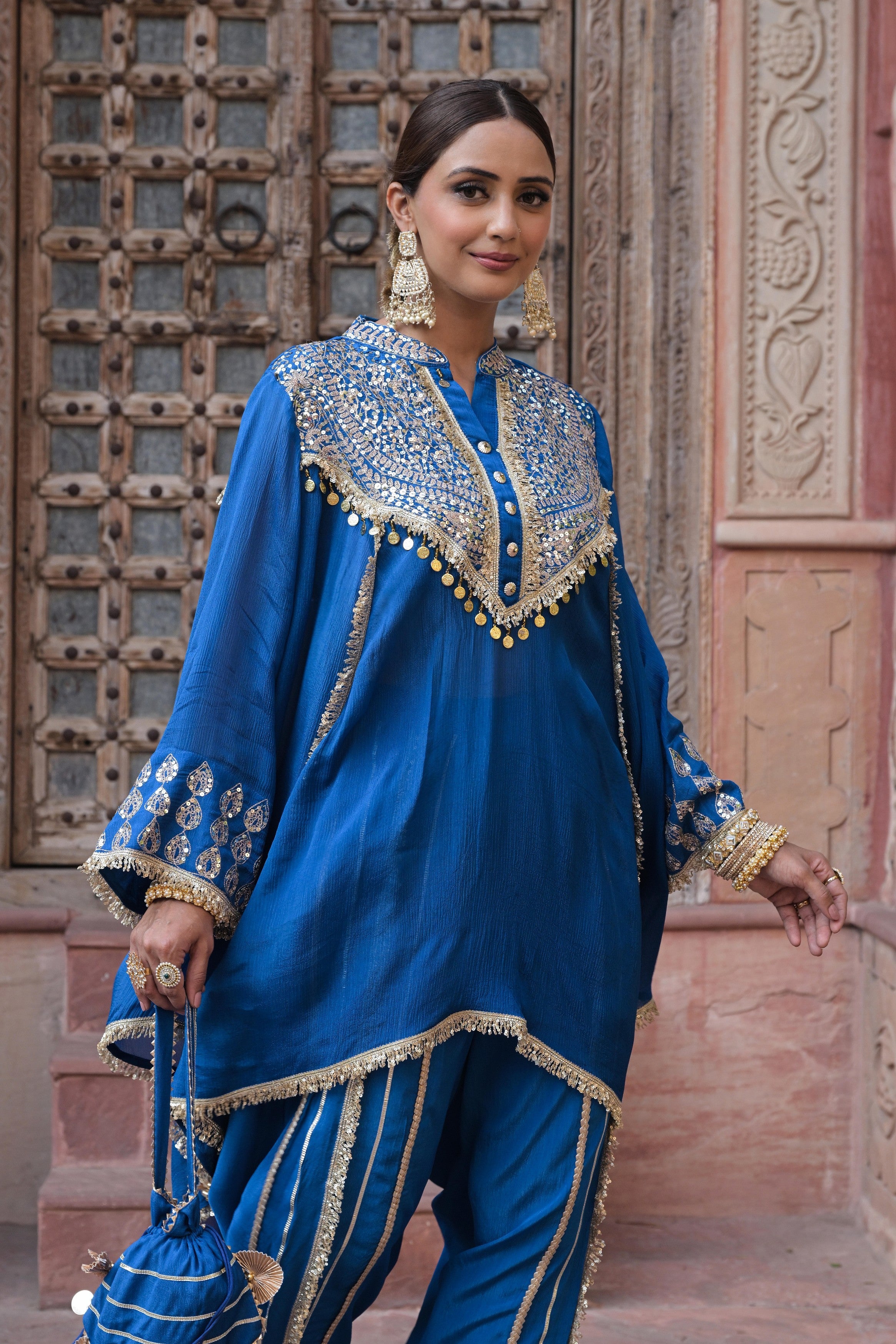 Royal Blue Embellished Chinon Silk Dhoti Set