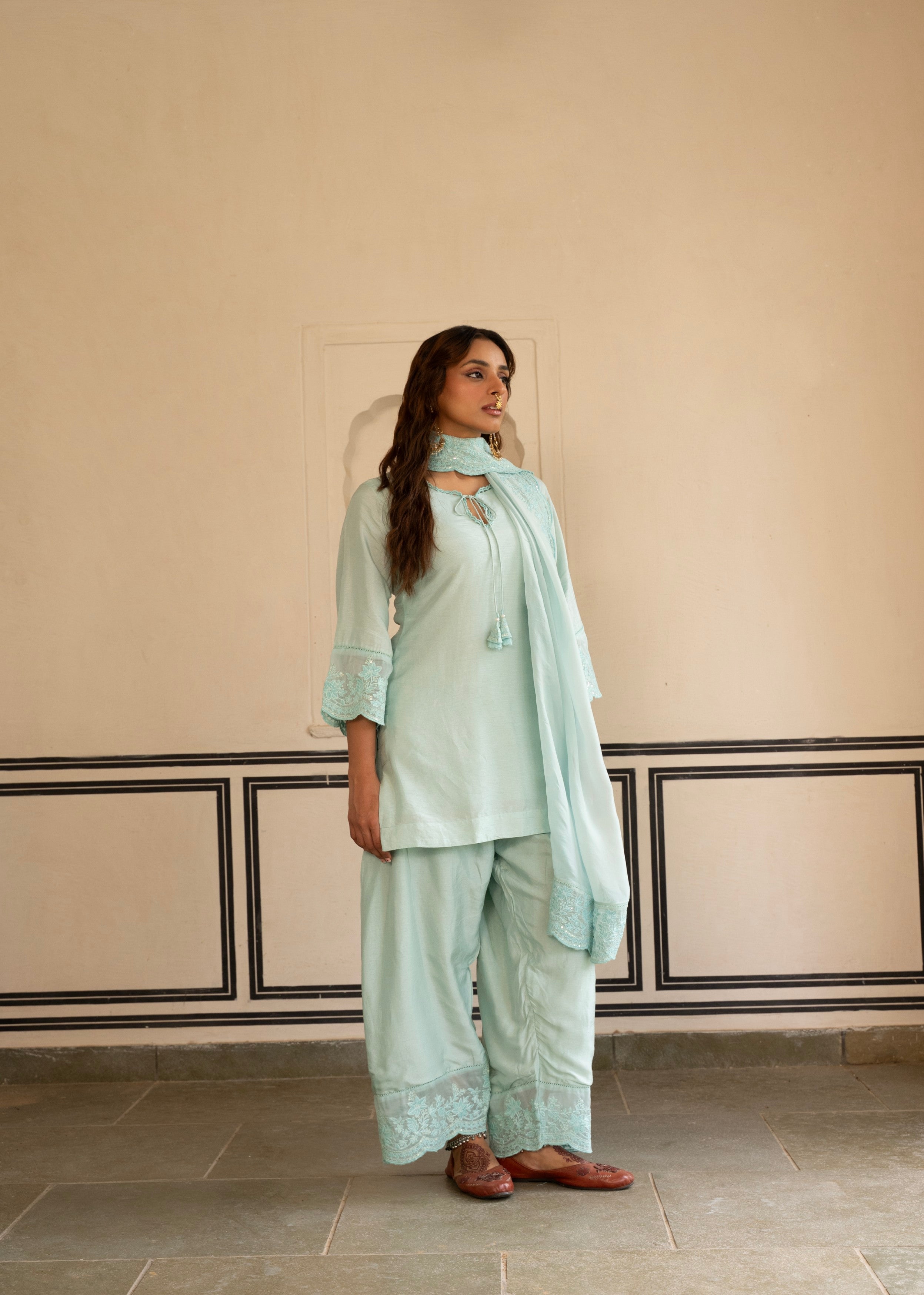 Ice Blue Chikankari Dola Silk Salwar Pant Set