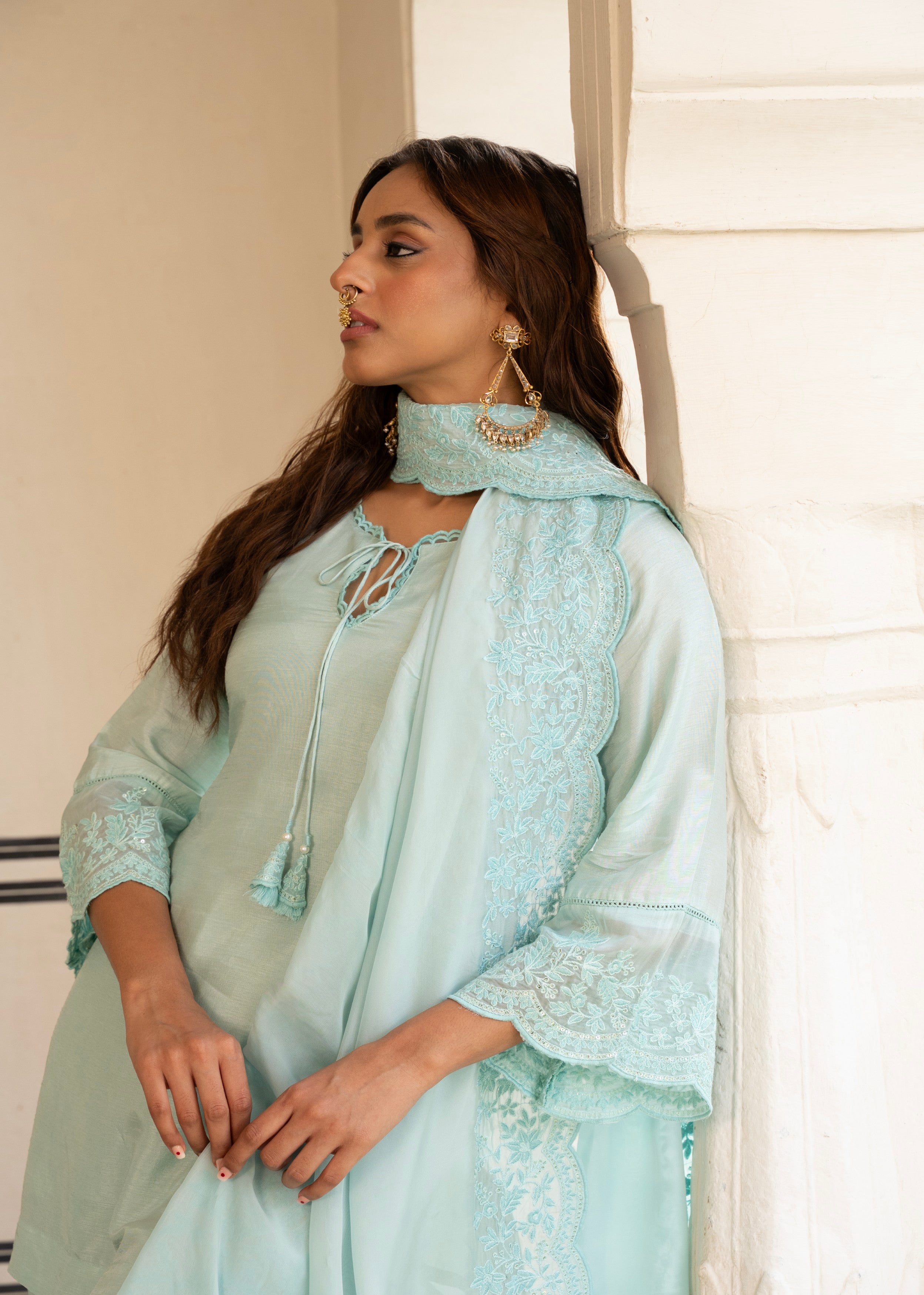 Ice Blue Chikankari Dola Silk Salwar Pant Set