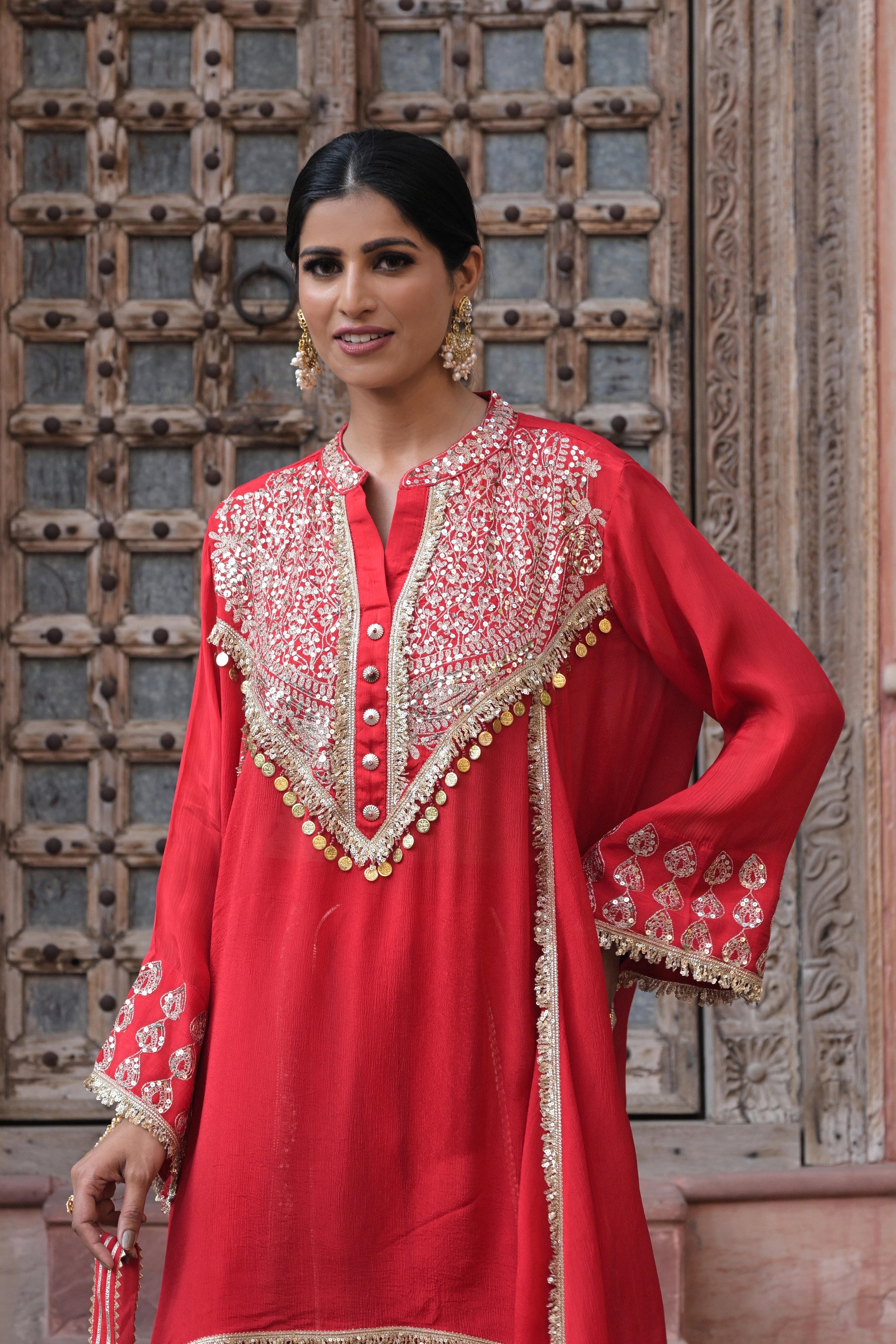 Bright Red Embellished Chinon Silk Dhoti Set