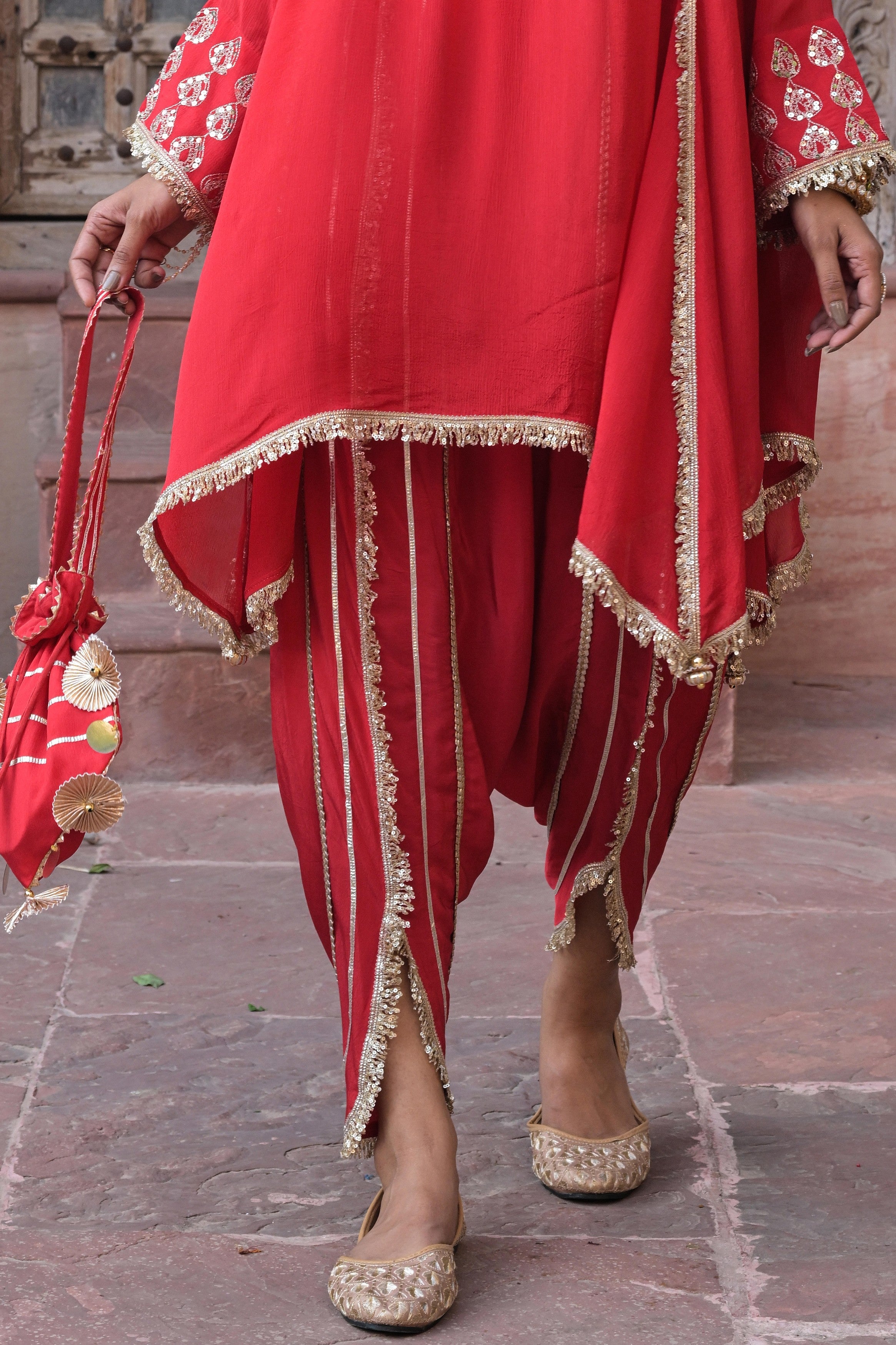 Bright Red Embellished Chinon Silk Dhoti Set