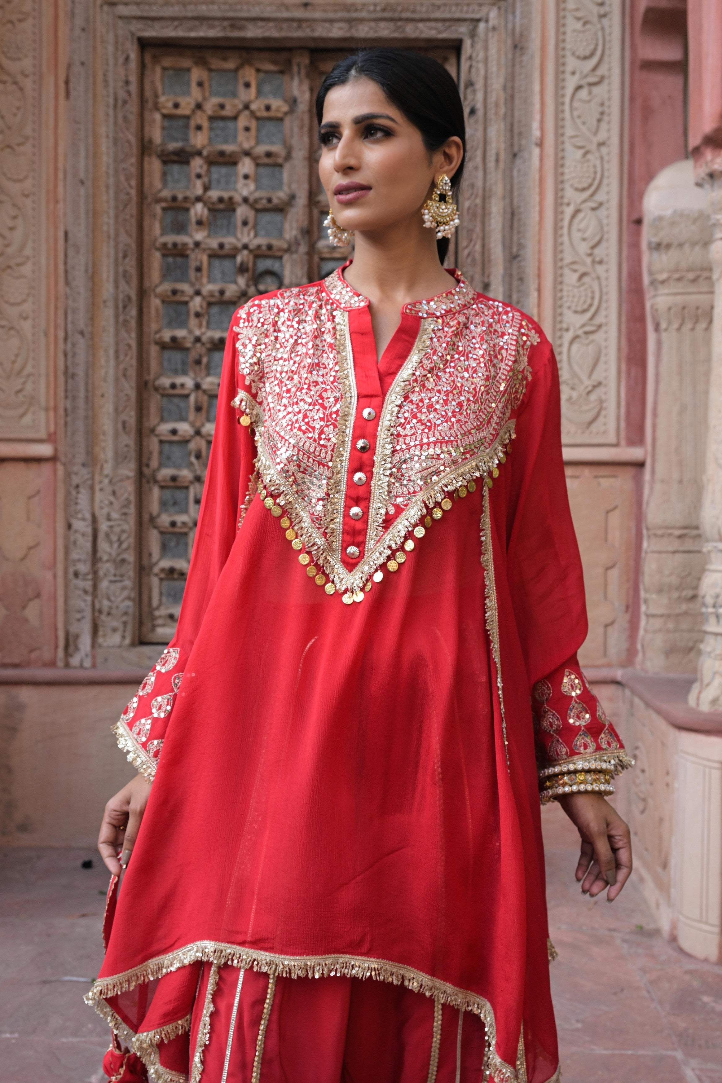 Bright Red Embellished Chinon Silk Dhoti Set