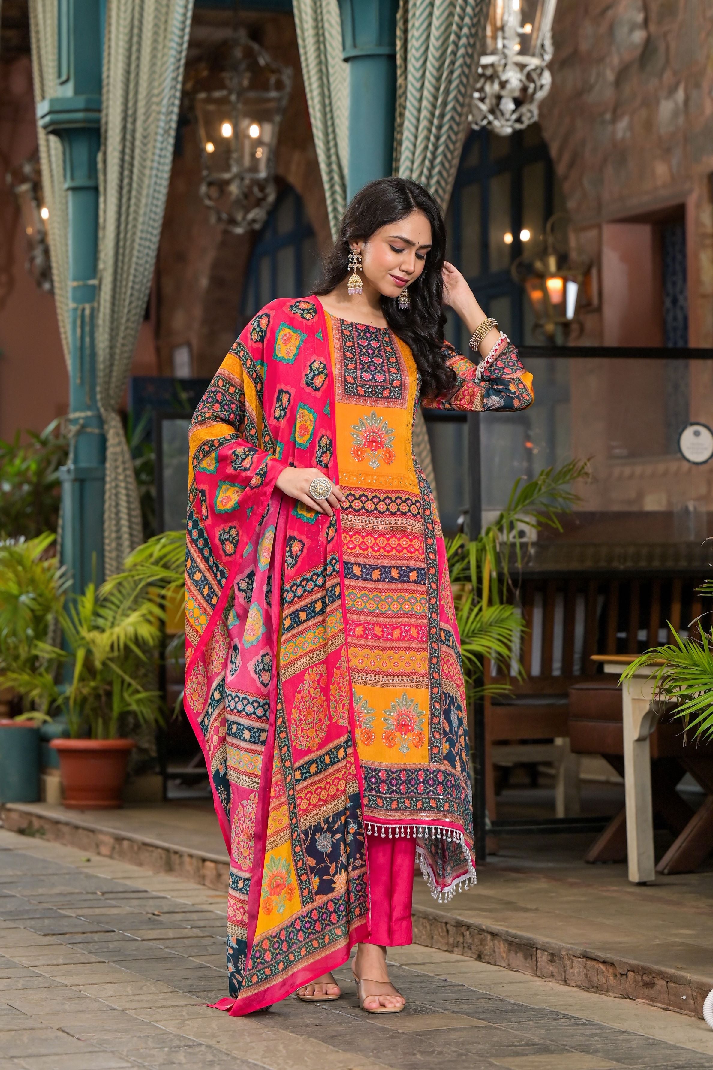 Rani Pink Traditional Printed Chinon Silk Kurta Set