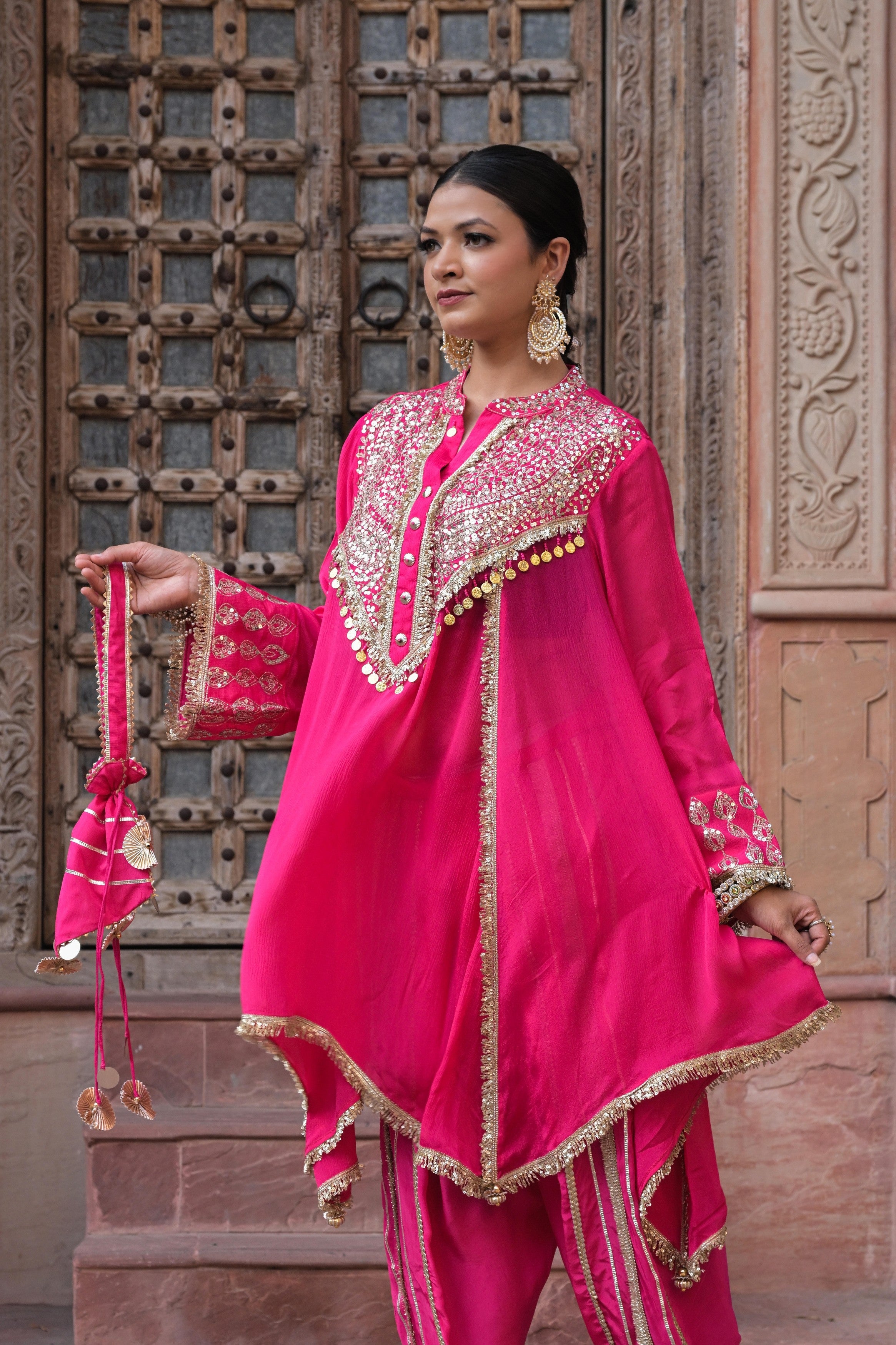 Bright Pink Embellished Chinon Silk Dhoti Set