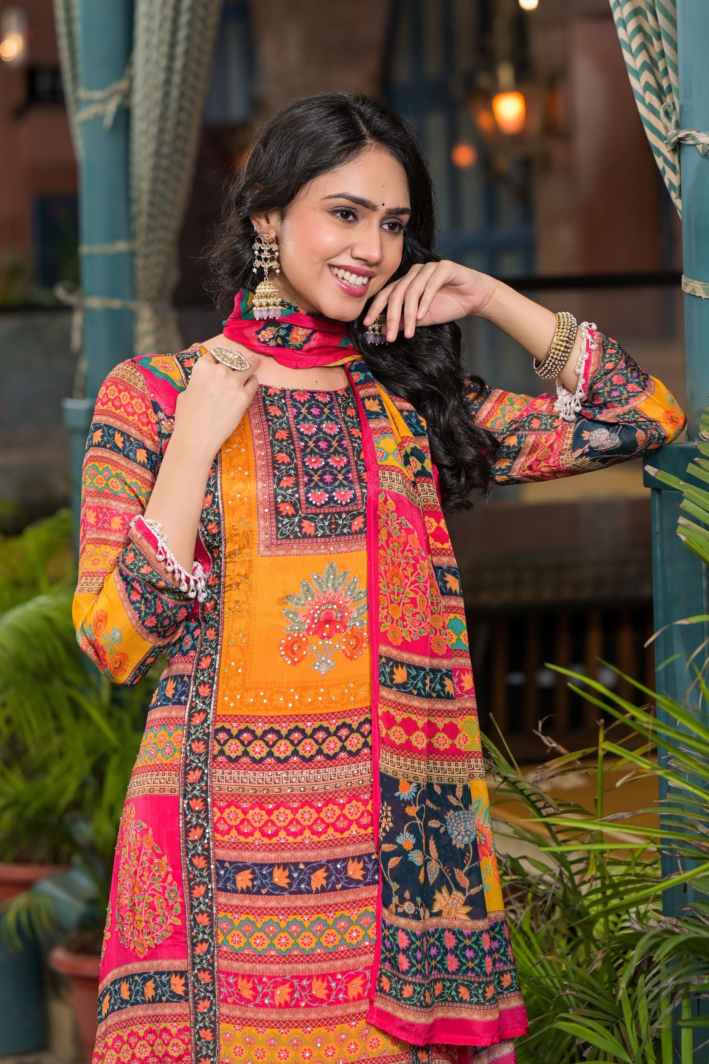 Rani Pink Traditional Printed Chinon Silk Kurta Set