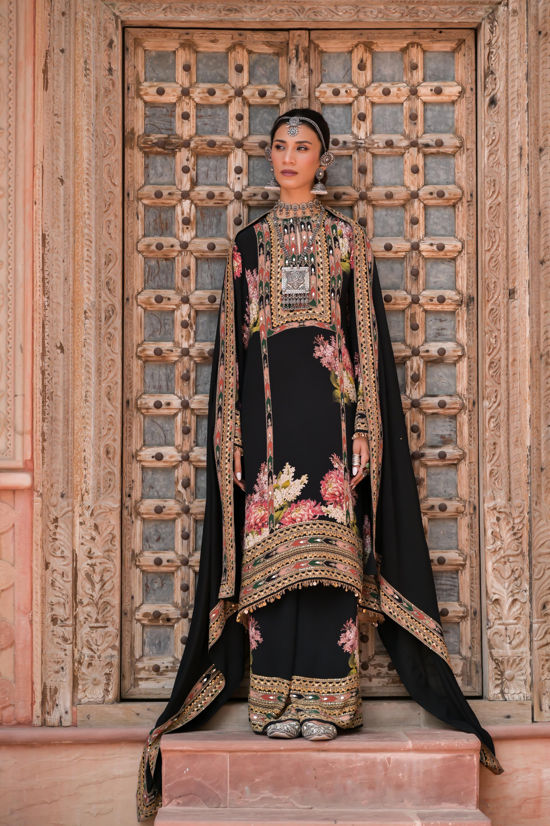 Classic Black Printed Embellished Crepe Silk Palazzo Set