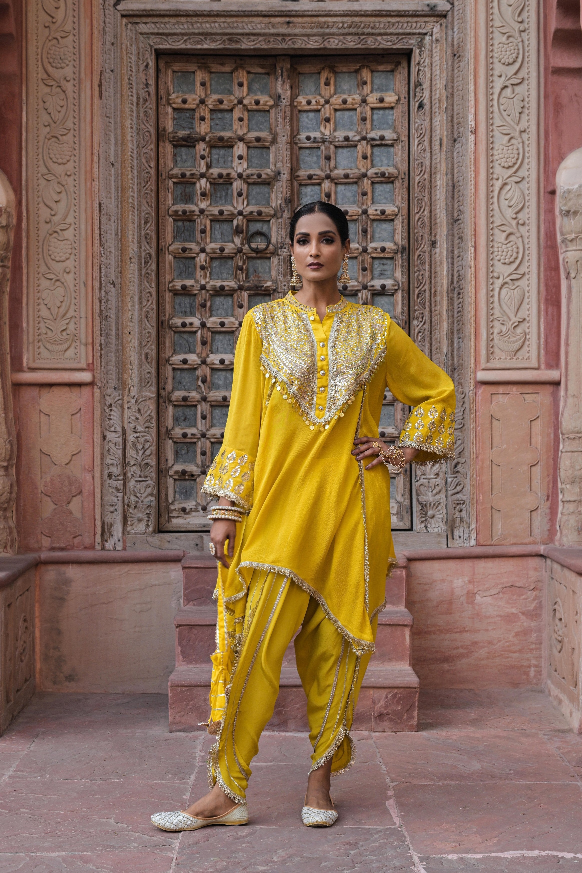 Bright Yellow Embellished Chinon Silk Dhoti Set